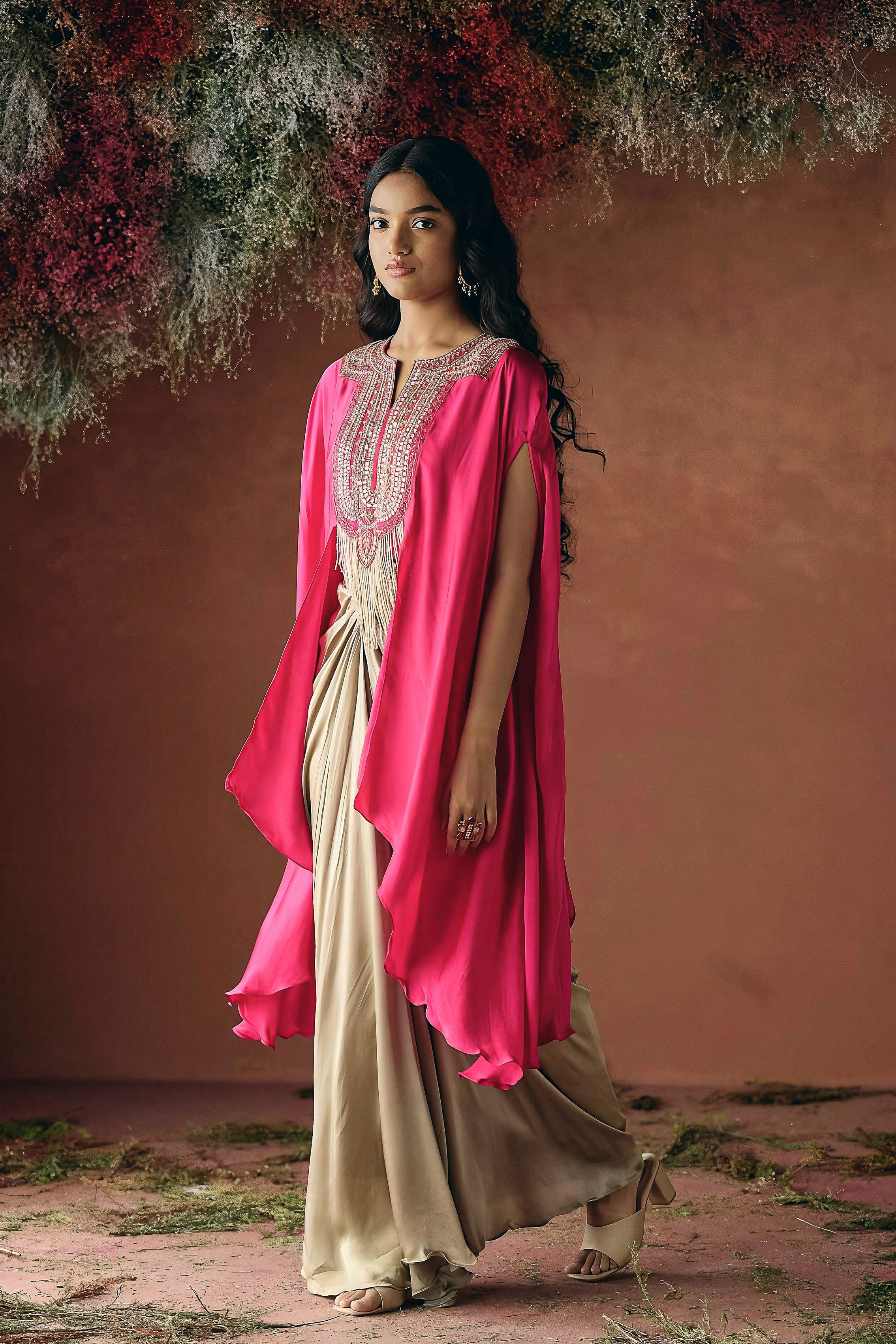 Vibrant Pink Embellished Satin Silk Drape Skirt Set