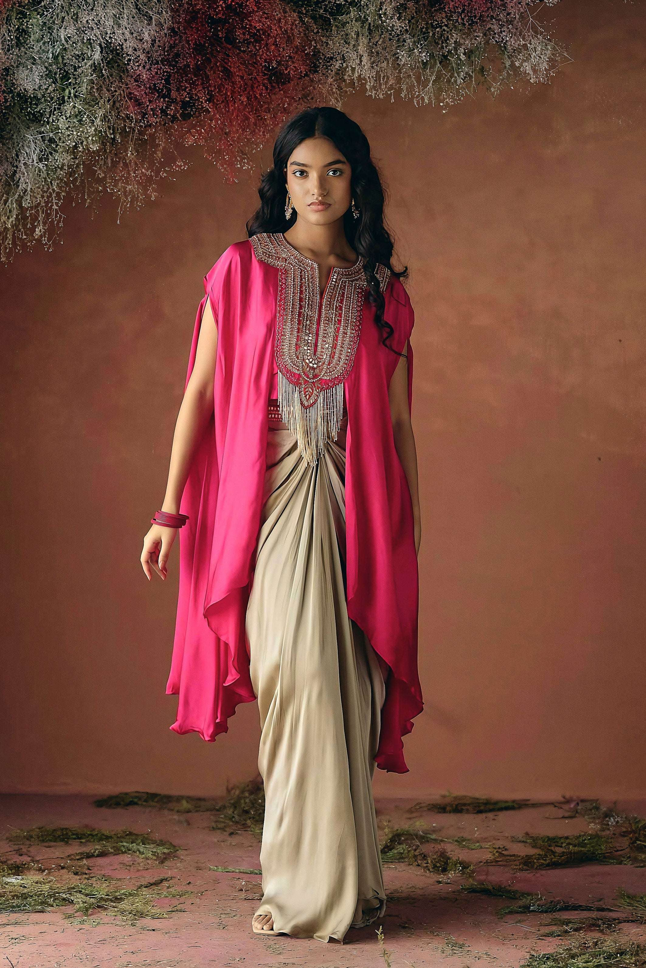 Vibrant Pink Embellished Satin Silk Drape Skirt Set