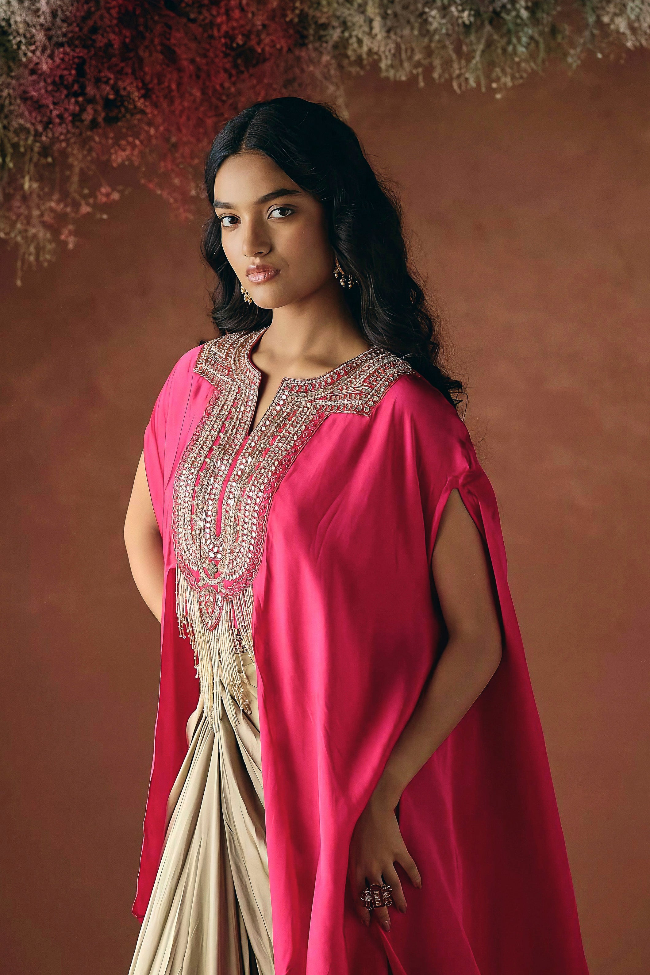 Vibrant Pink Embellished Satin Silk Drape Skirt Set