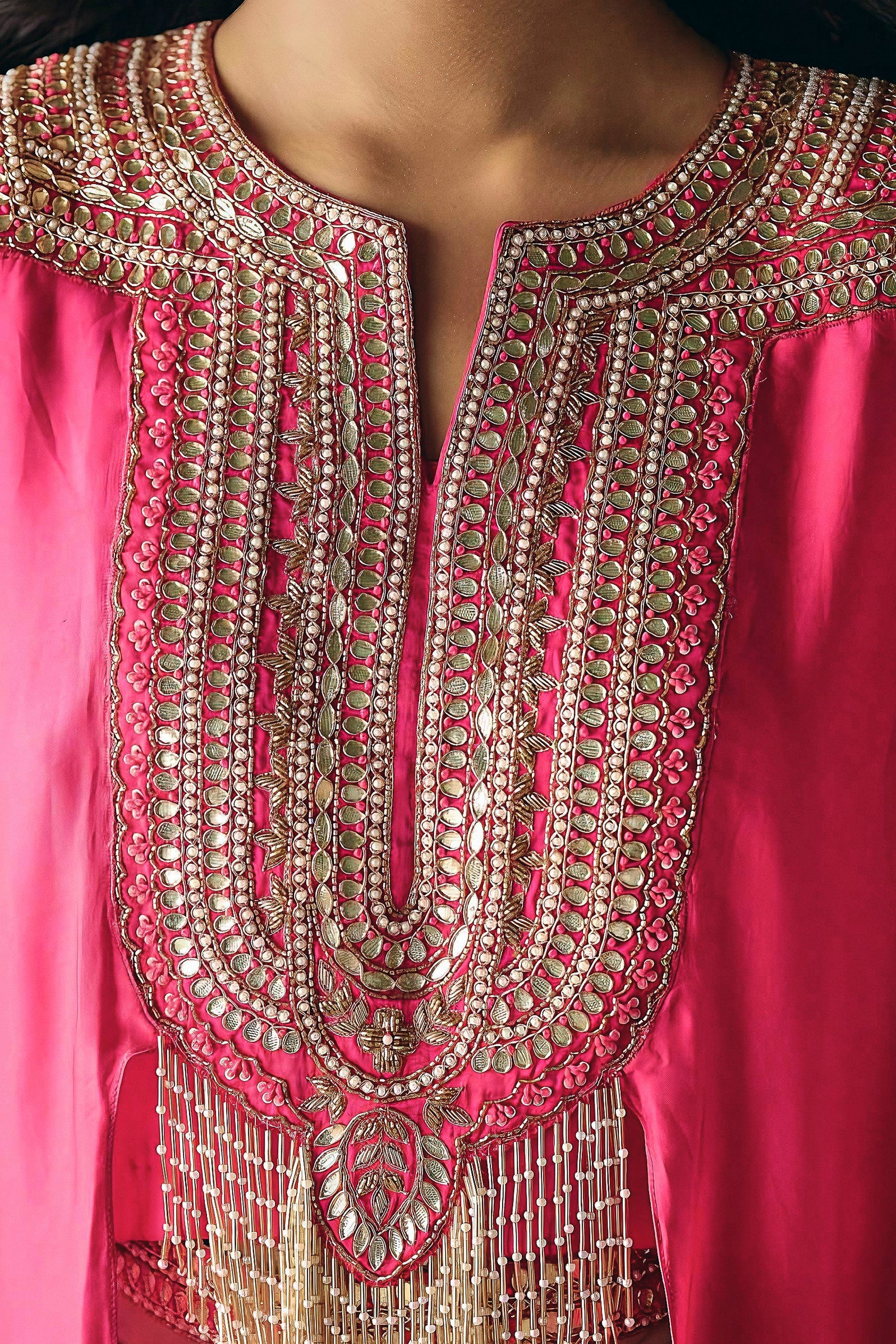 Vibrant Pink Embellished Satin Silk Drape Skirt Set