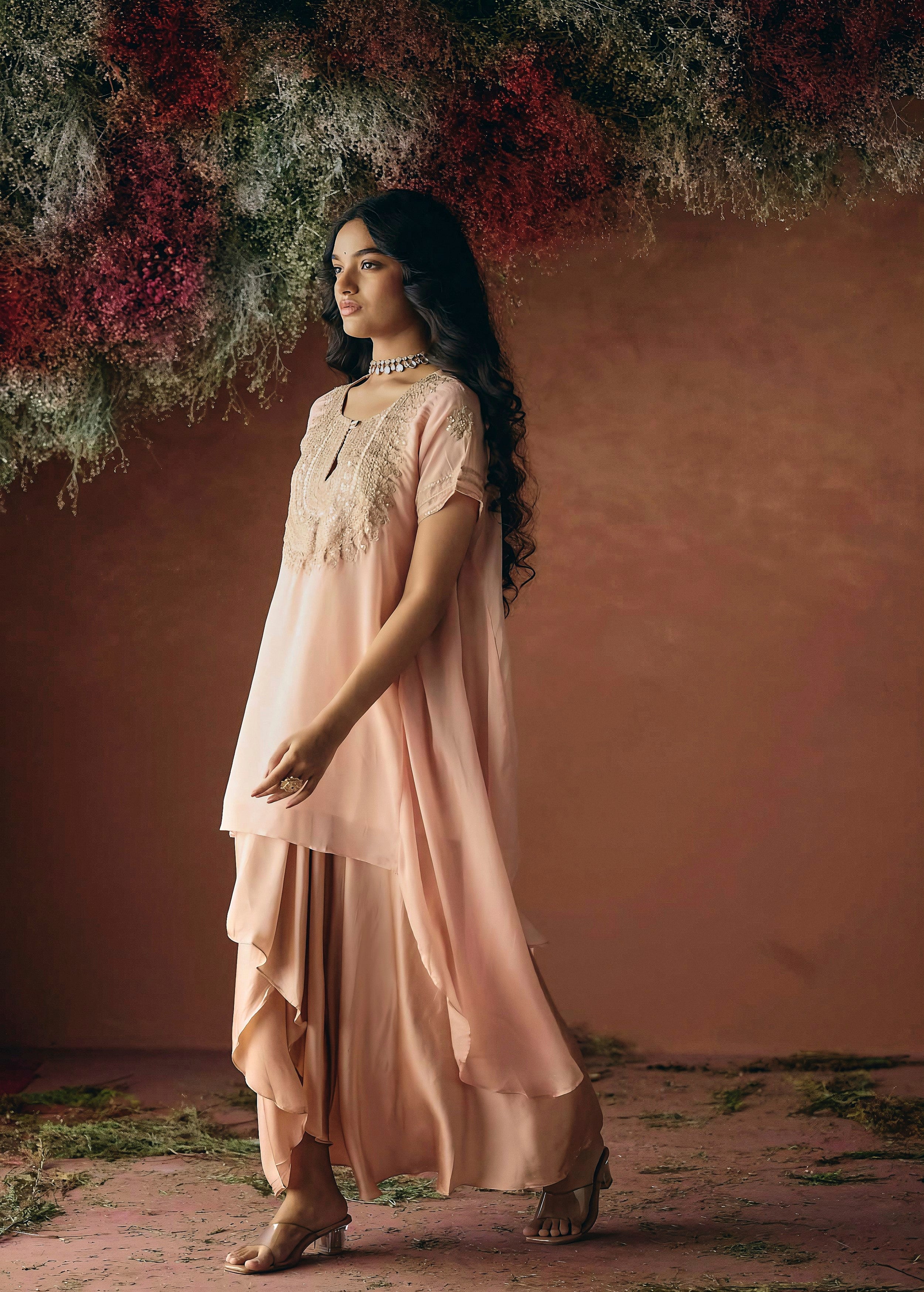 Peach Pink Embellished Organza Silk Skirt Set