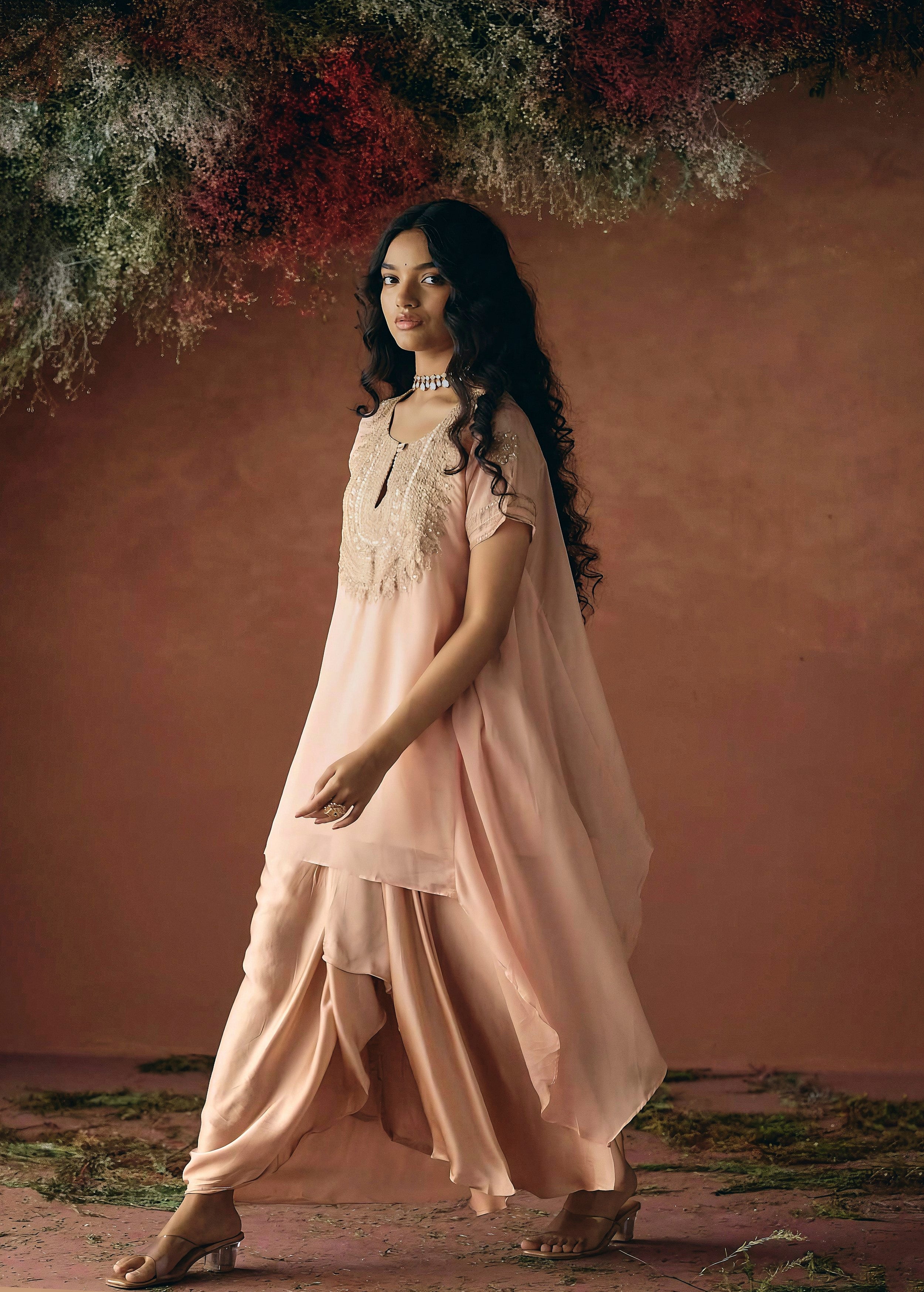 Peach Pink Embellished Organza Silk Skirt Set