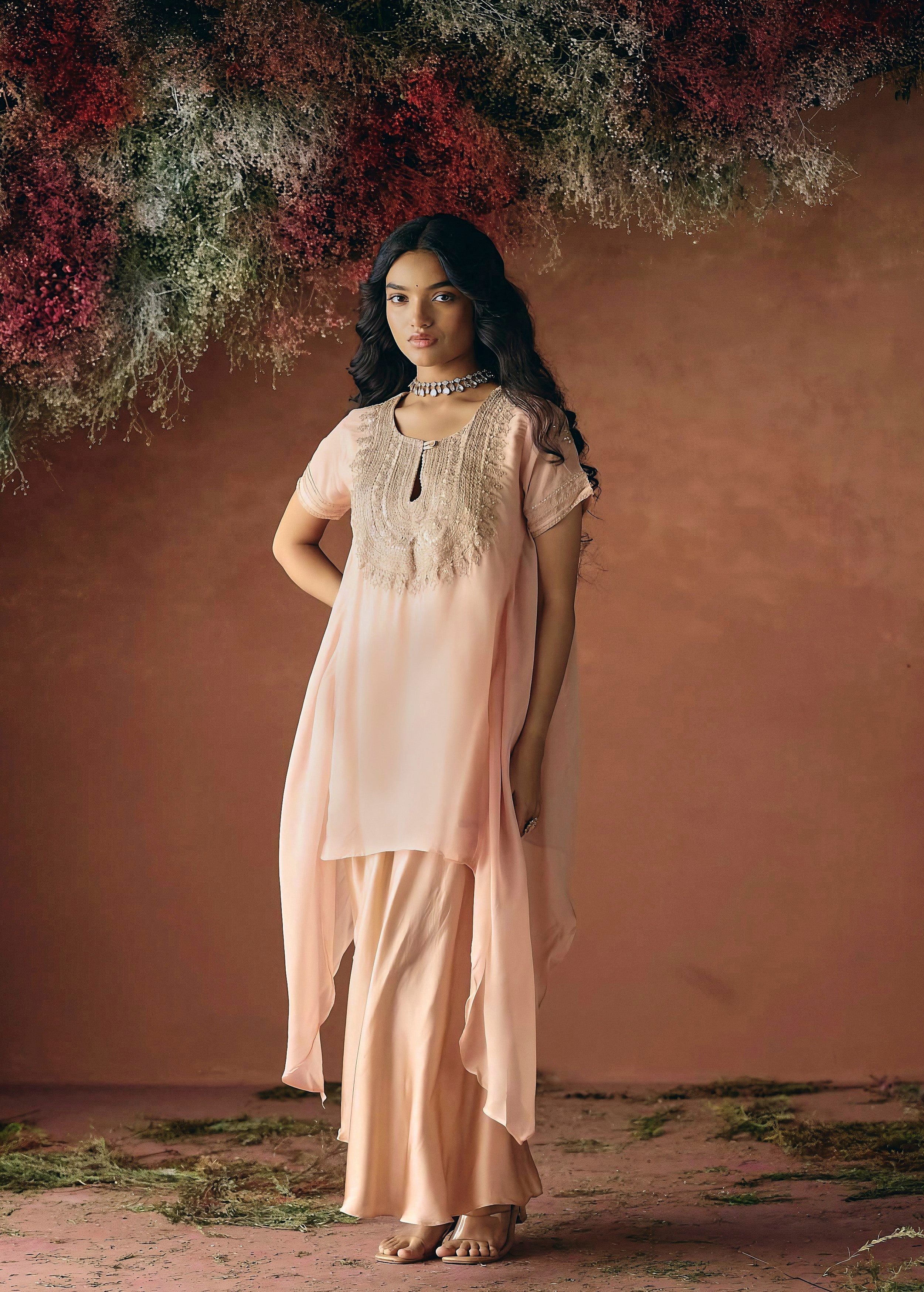 Peach Pink Embellished Organza Silk Skirt Set