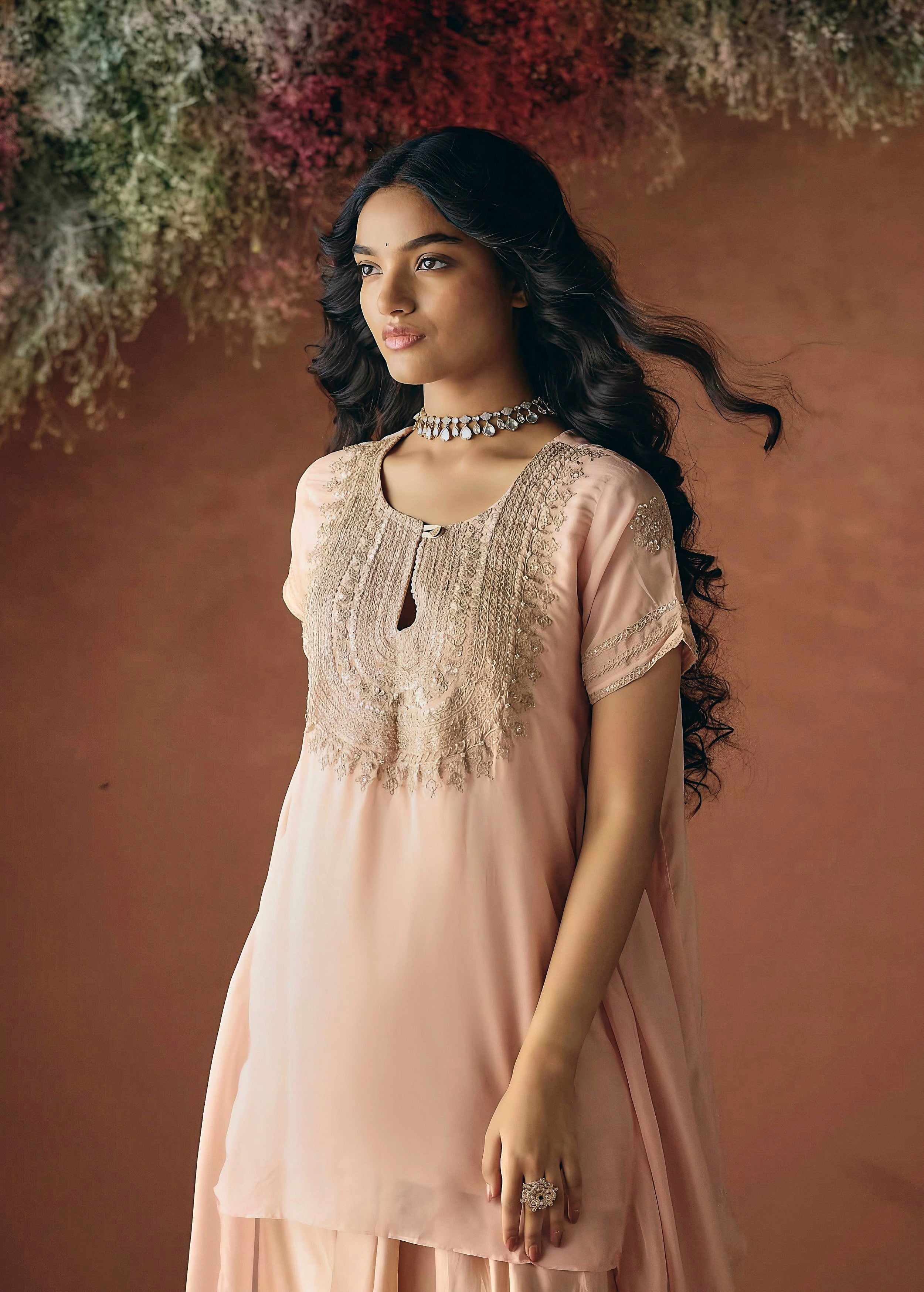 Peach Pink Embellished Organza Silk Skirt Set