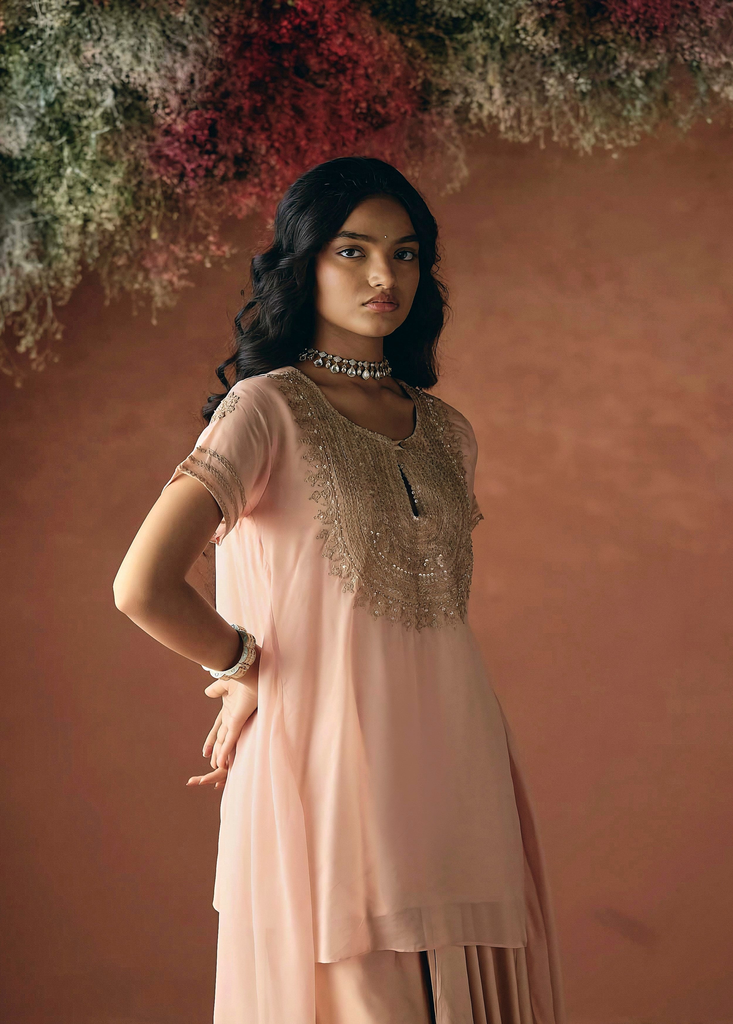 Peach Pink Embellished Organza Silk Skirt Set