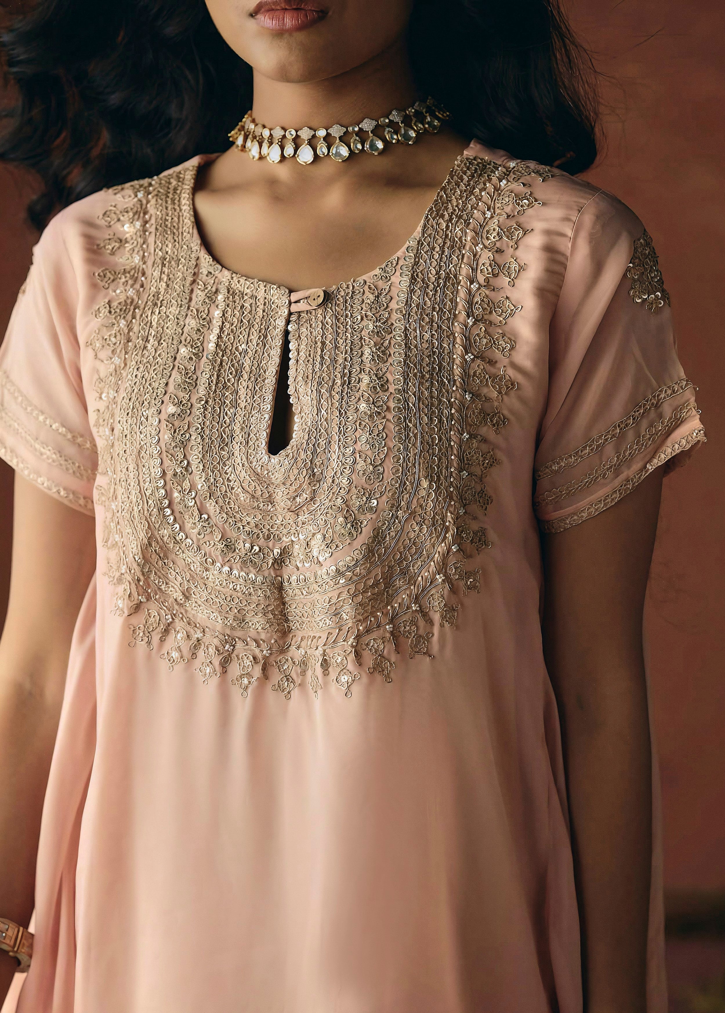Peach Pink Embellished Organza Silk Skirt Set