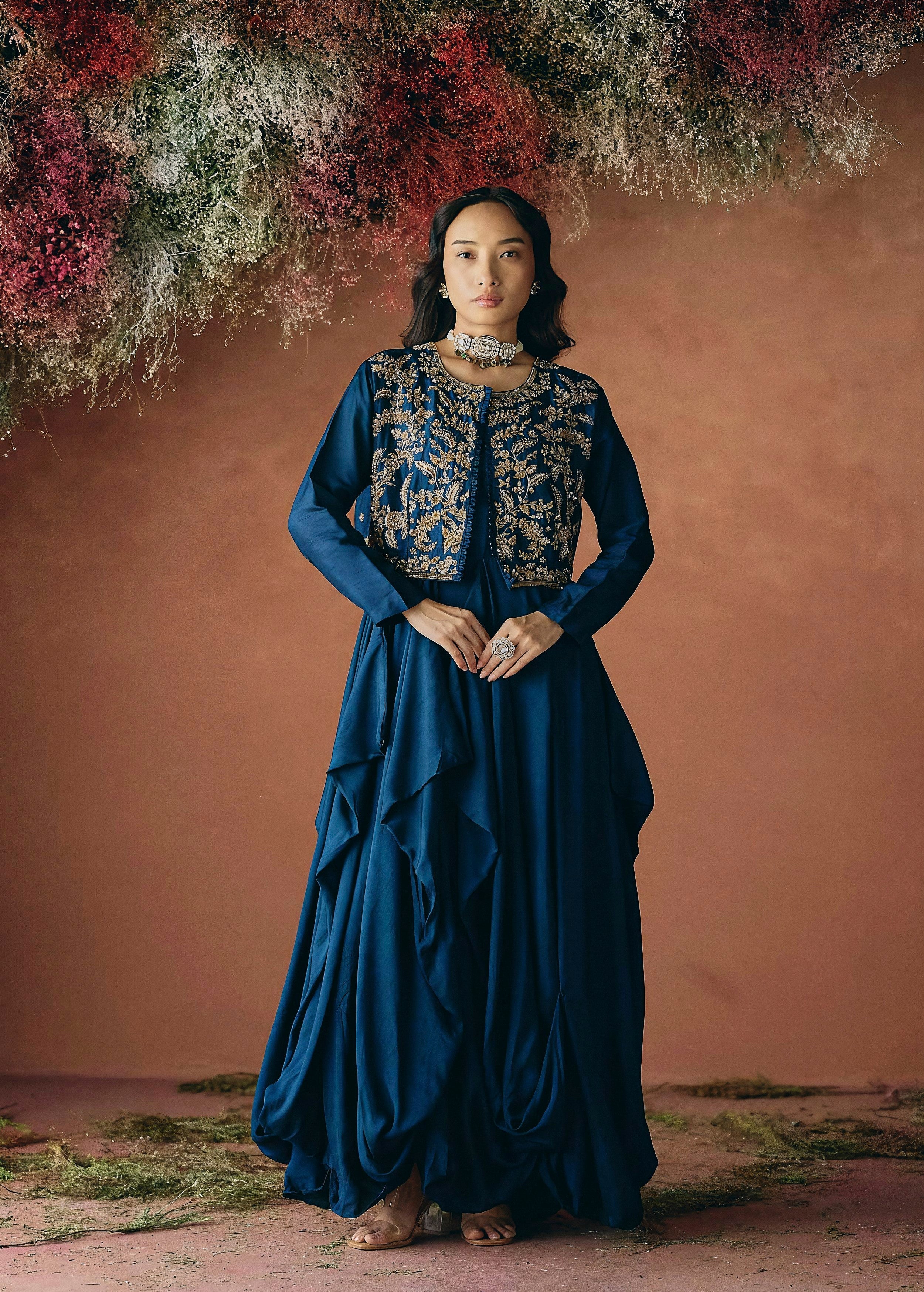 Teal Blue Embellished Raw Silk Gown Set