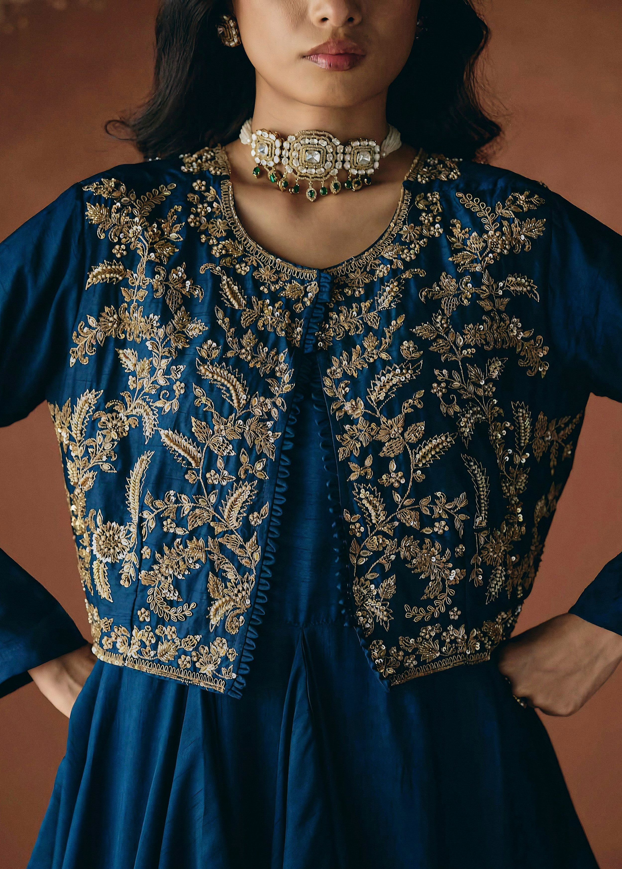 Teal Blue Embellished Raw Silk Gown Set