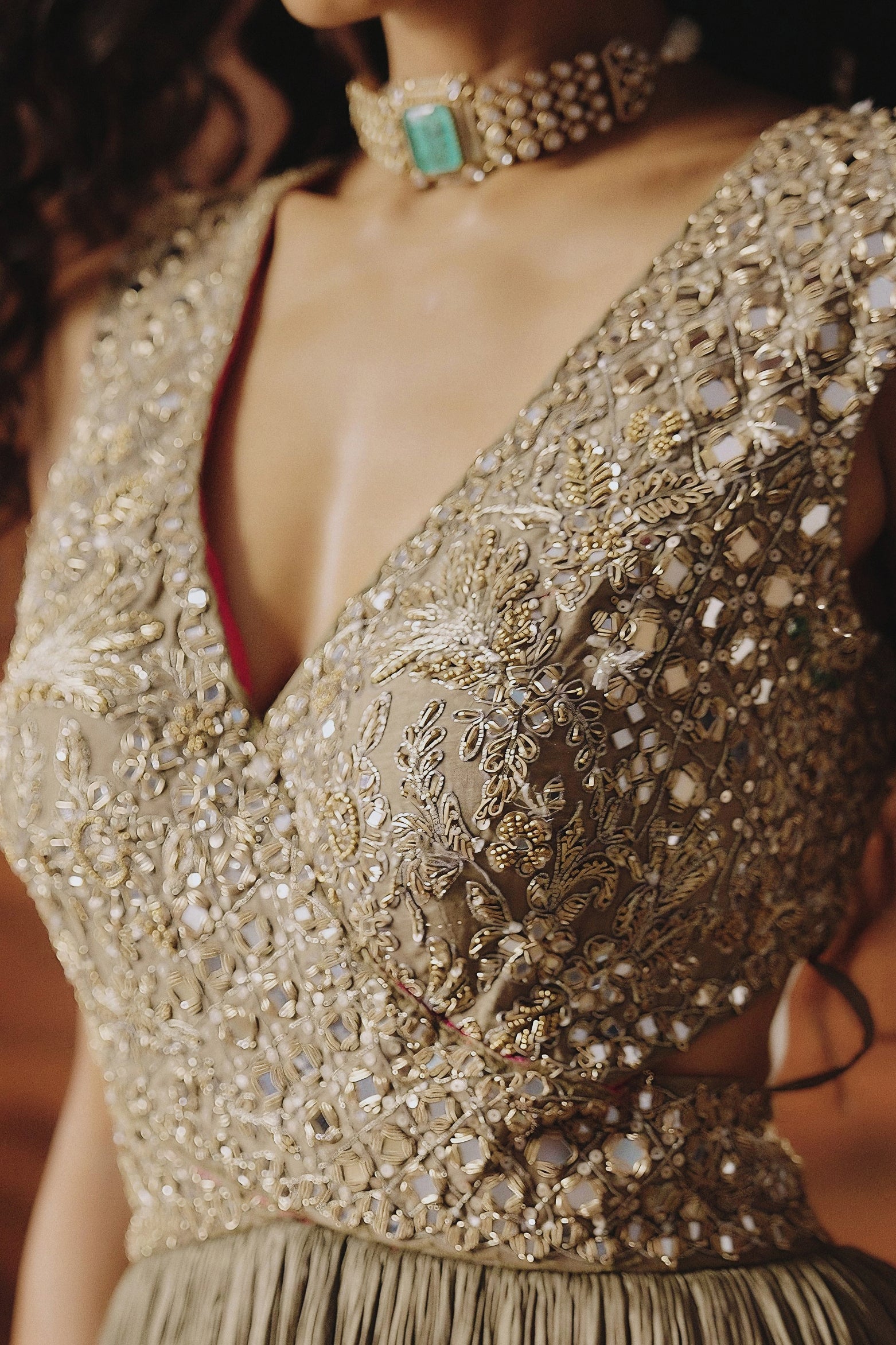 Bronze Embellished Crepe Silk Gown