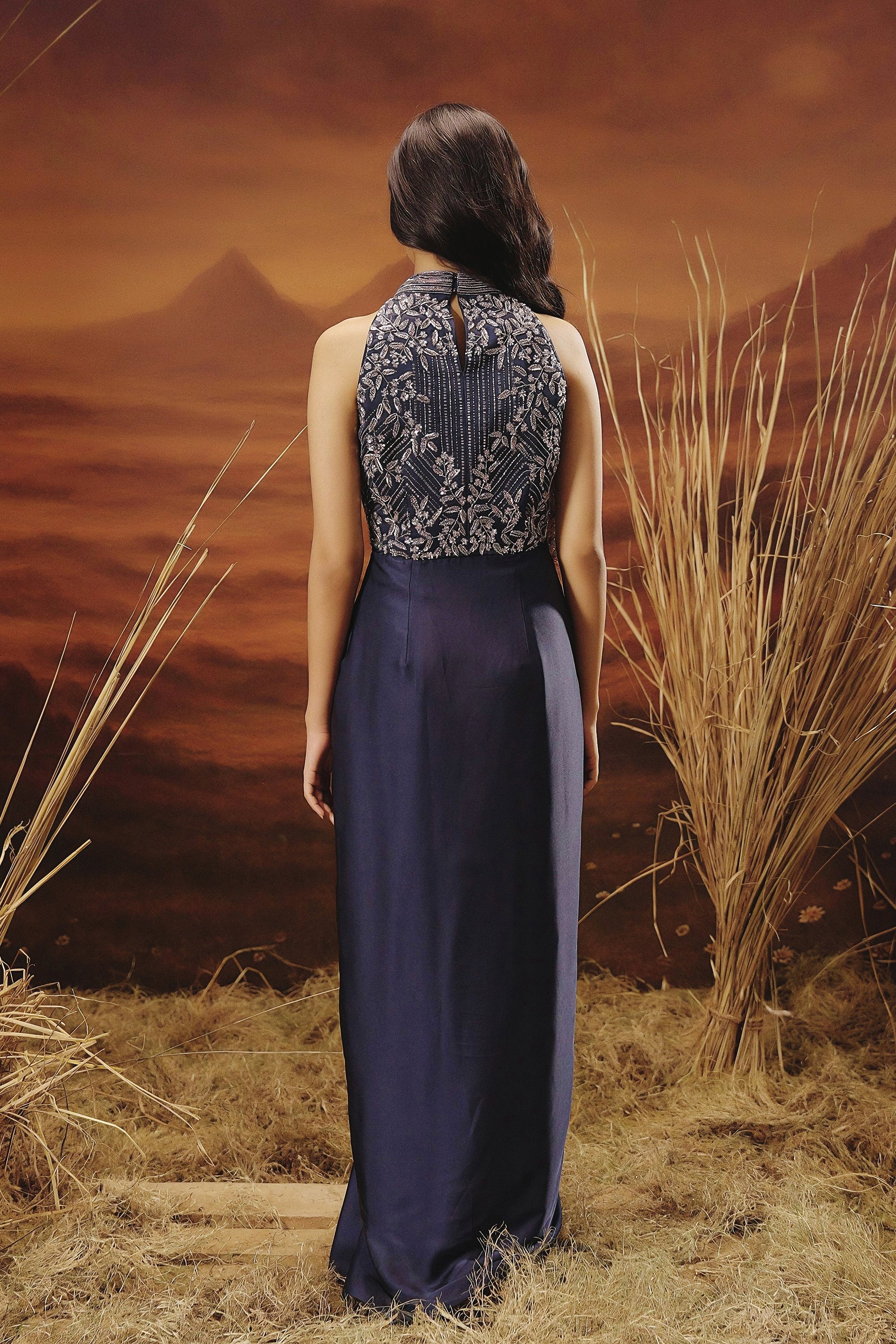 Sapphire Blue Embellished Satin Silk Gown