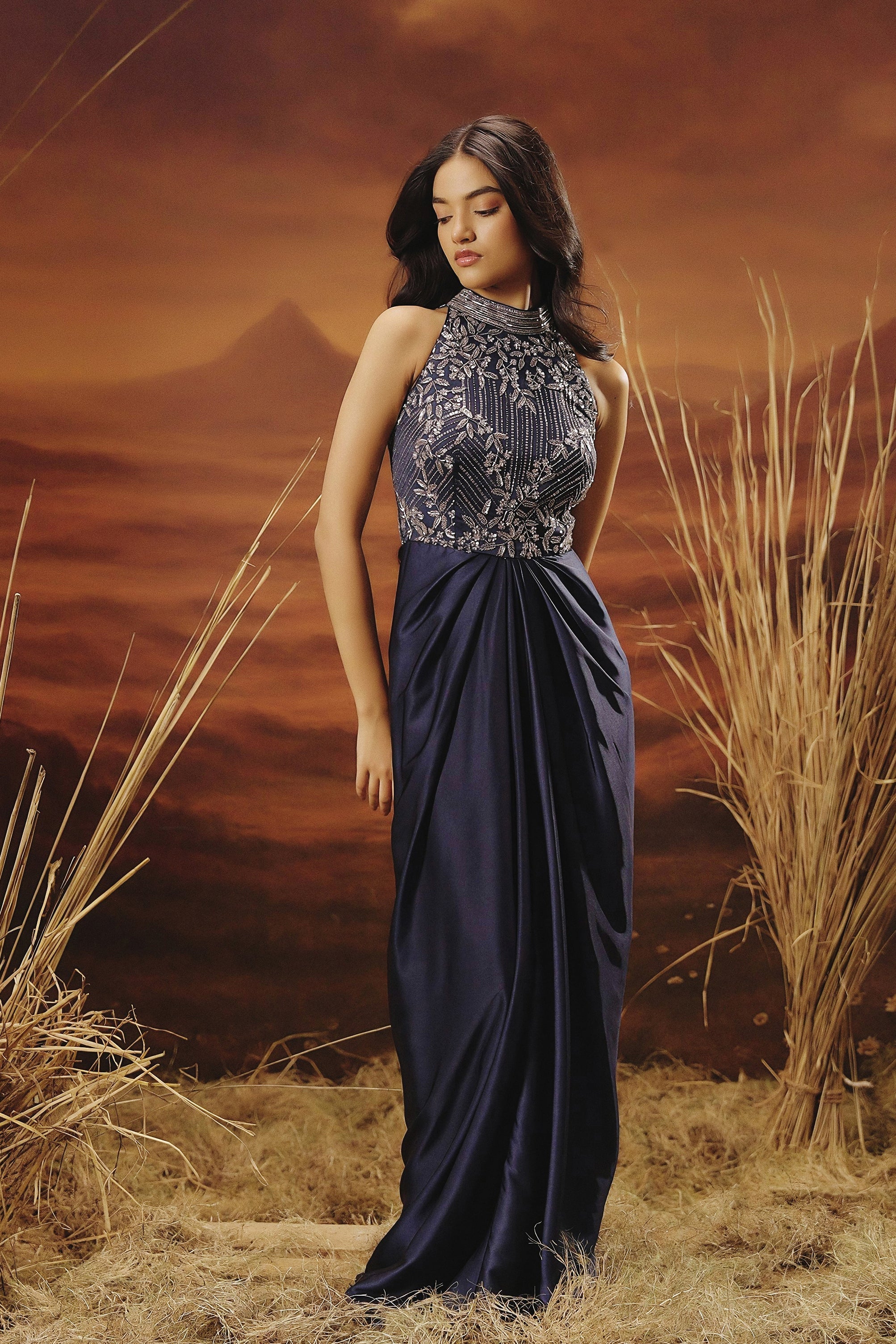 Sapphire Blue Embellished Satin Silk Gown