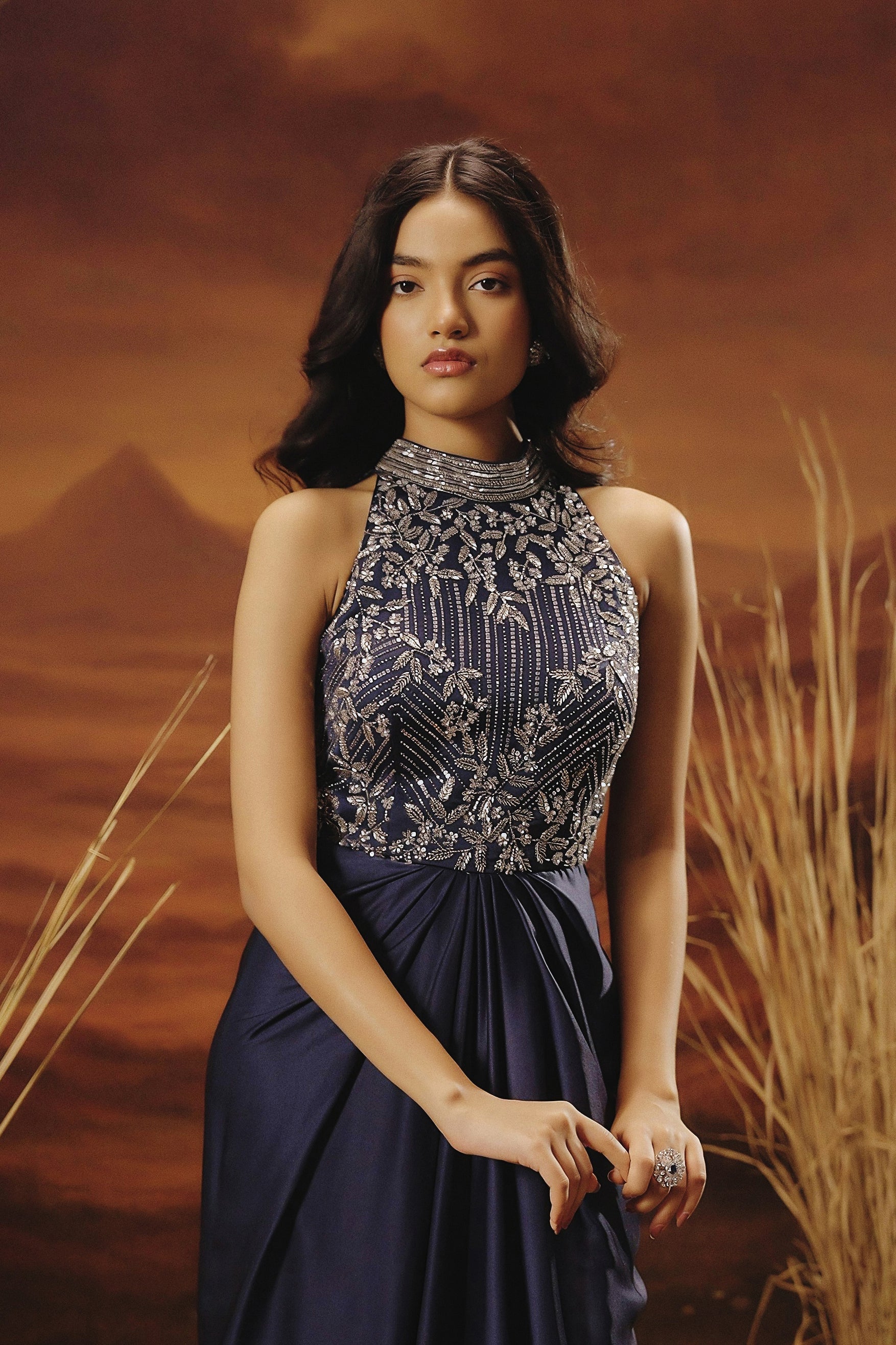 Sapphire Blue Embellished Satin Silk Gown