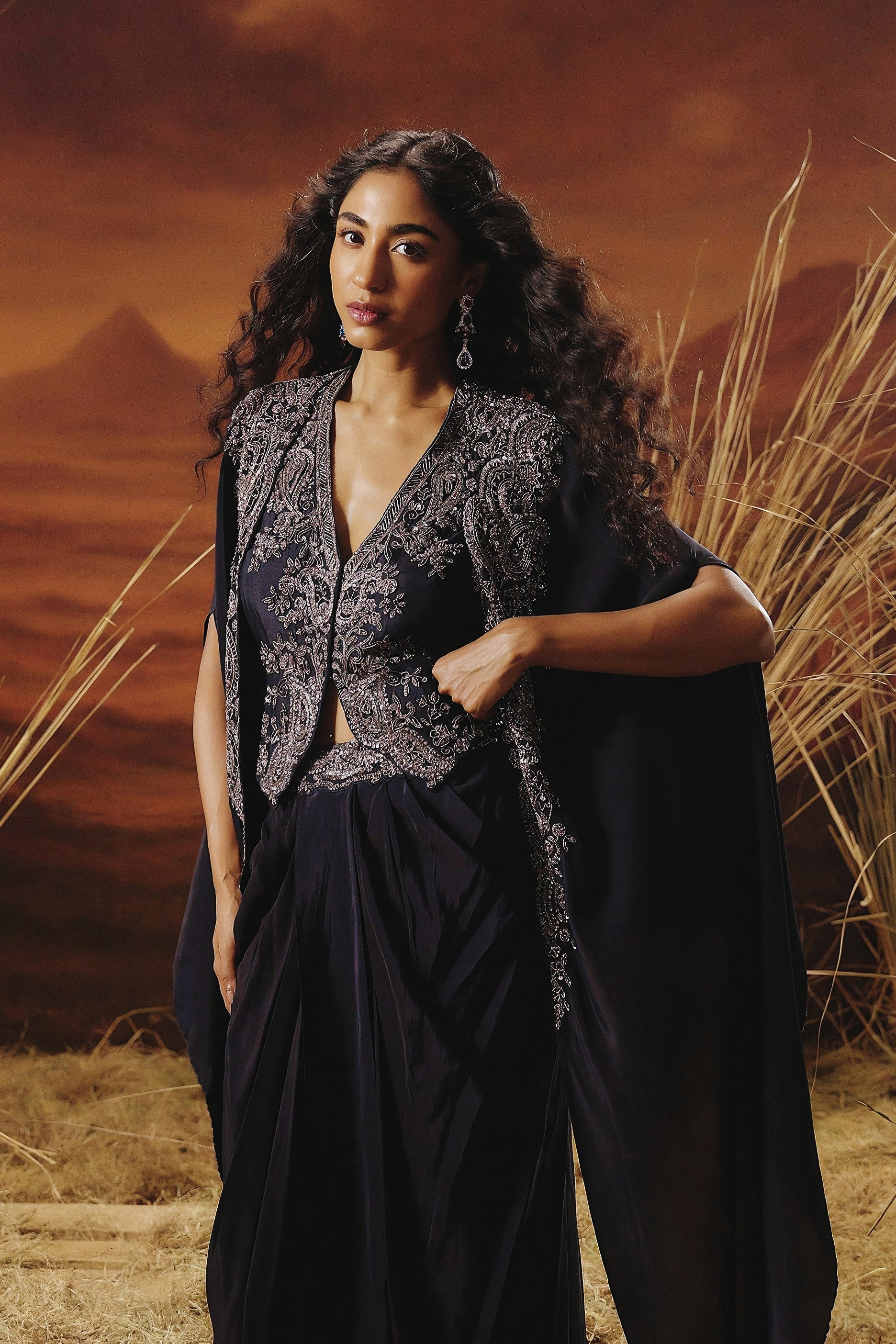 Deep Blue Embellished Satin Silk Cape Skirt Set