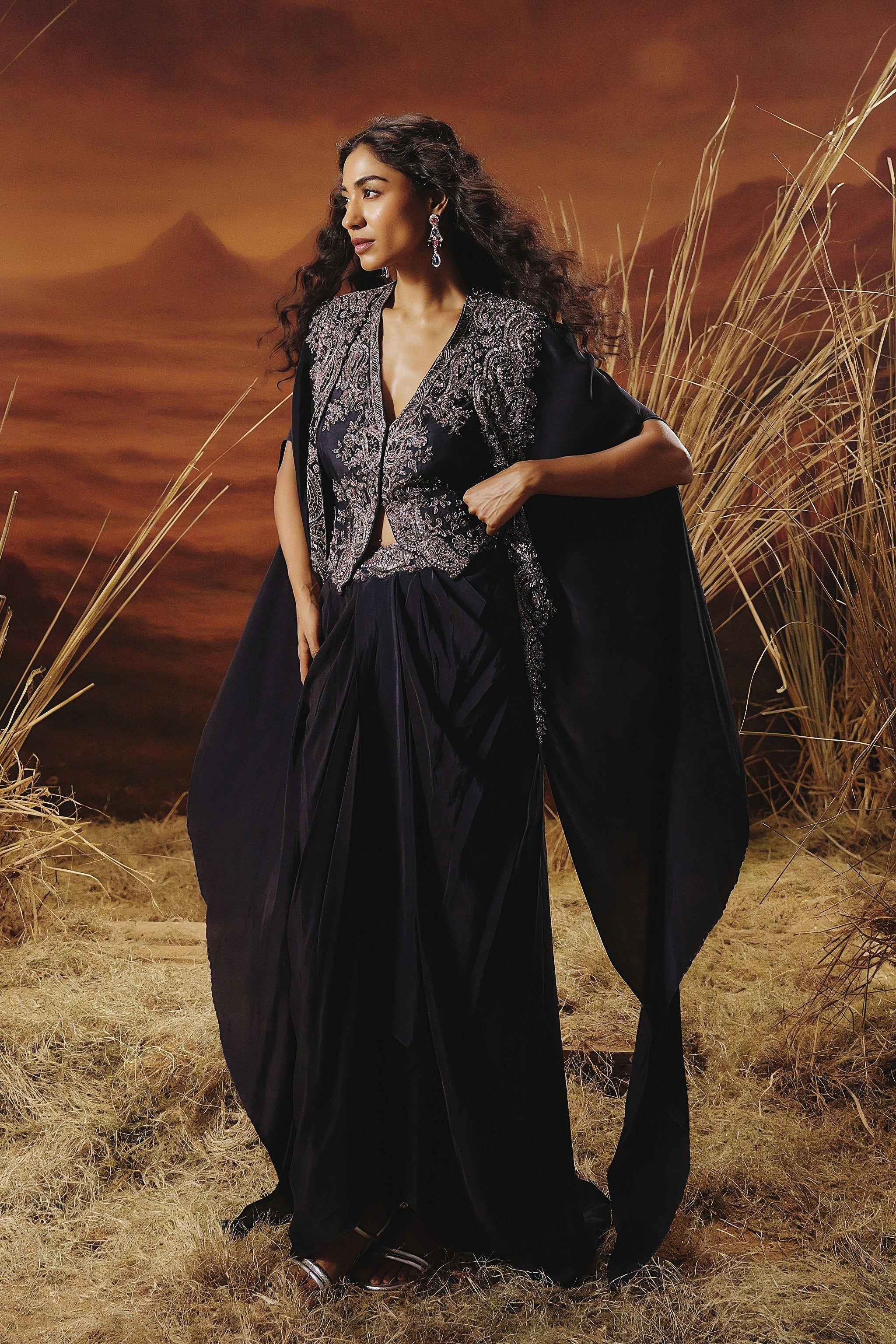 Deep Blue Embellished Satin Silk Cape Skirt Set
