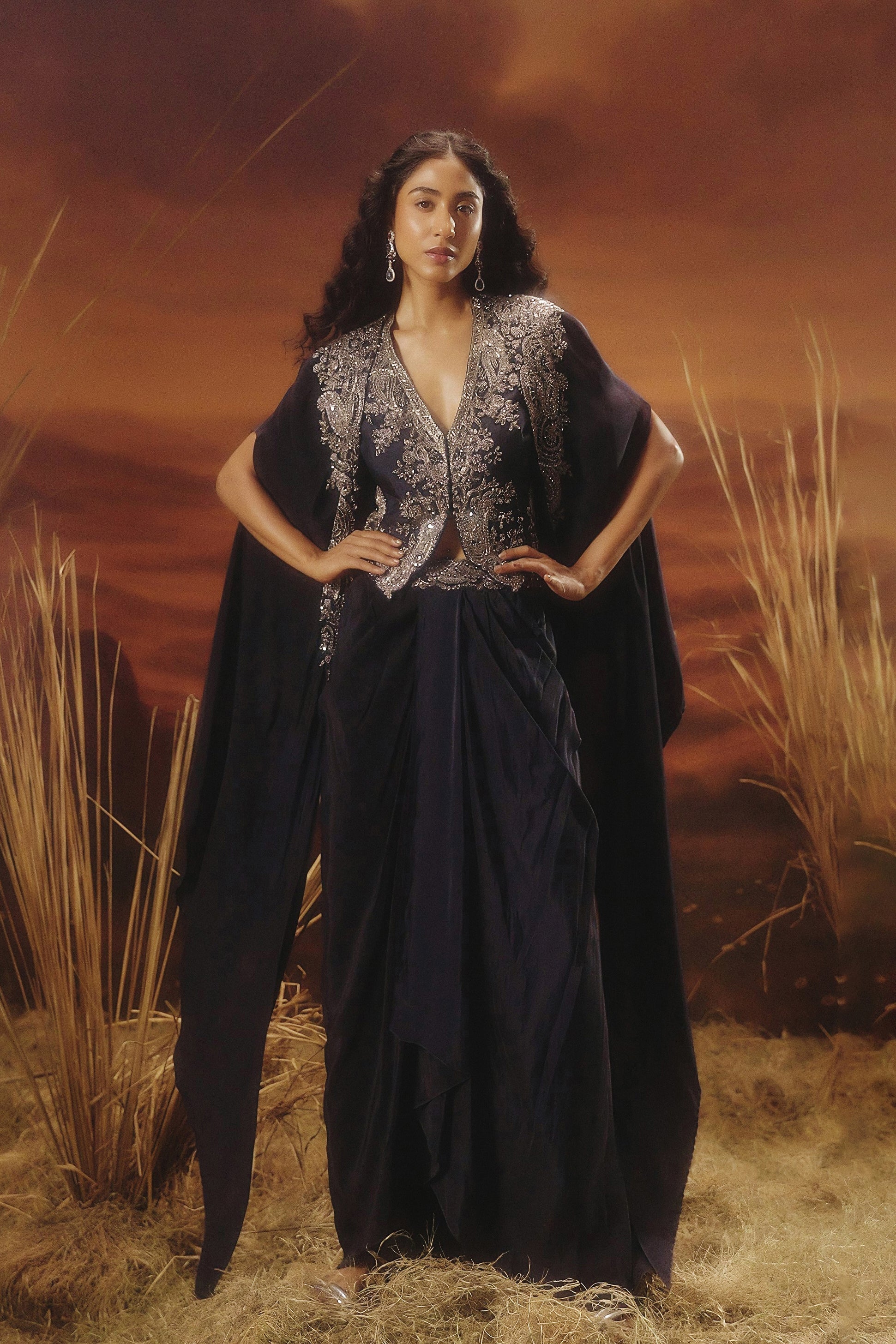 Deep Blue Embellished Satin Silk Cape Skirt Set