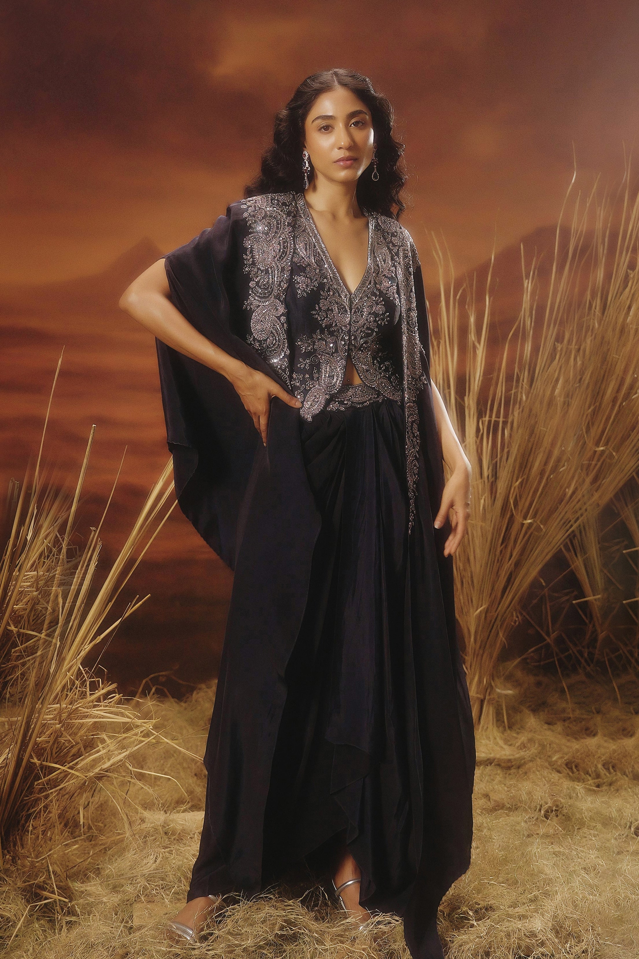 Deep Blue Embellished Satin Silk Cape Skirt Set