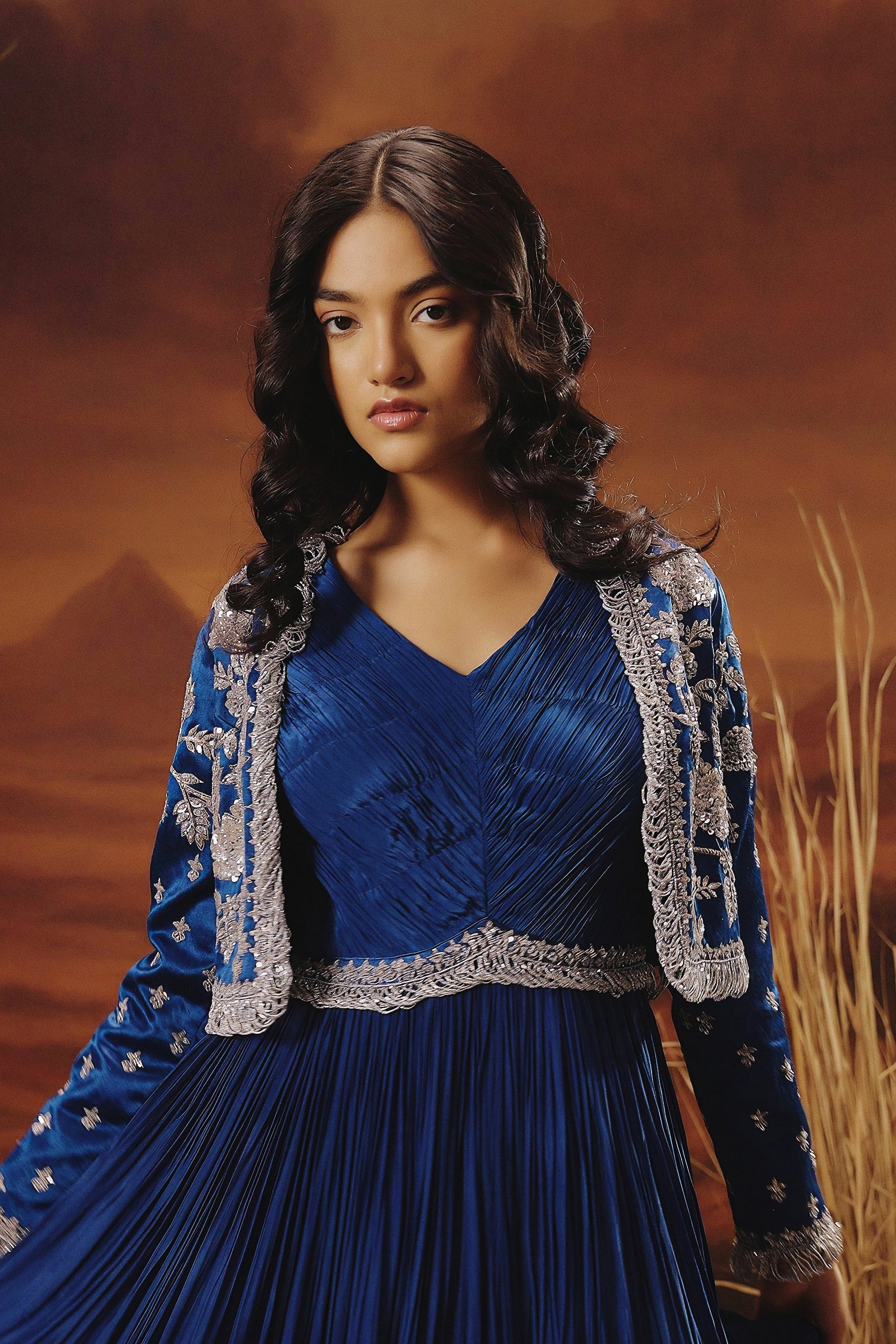 Royal Blue Embellished Premium Jacket Gown Set