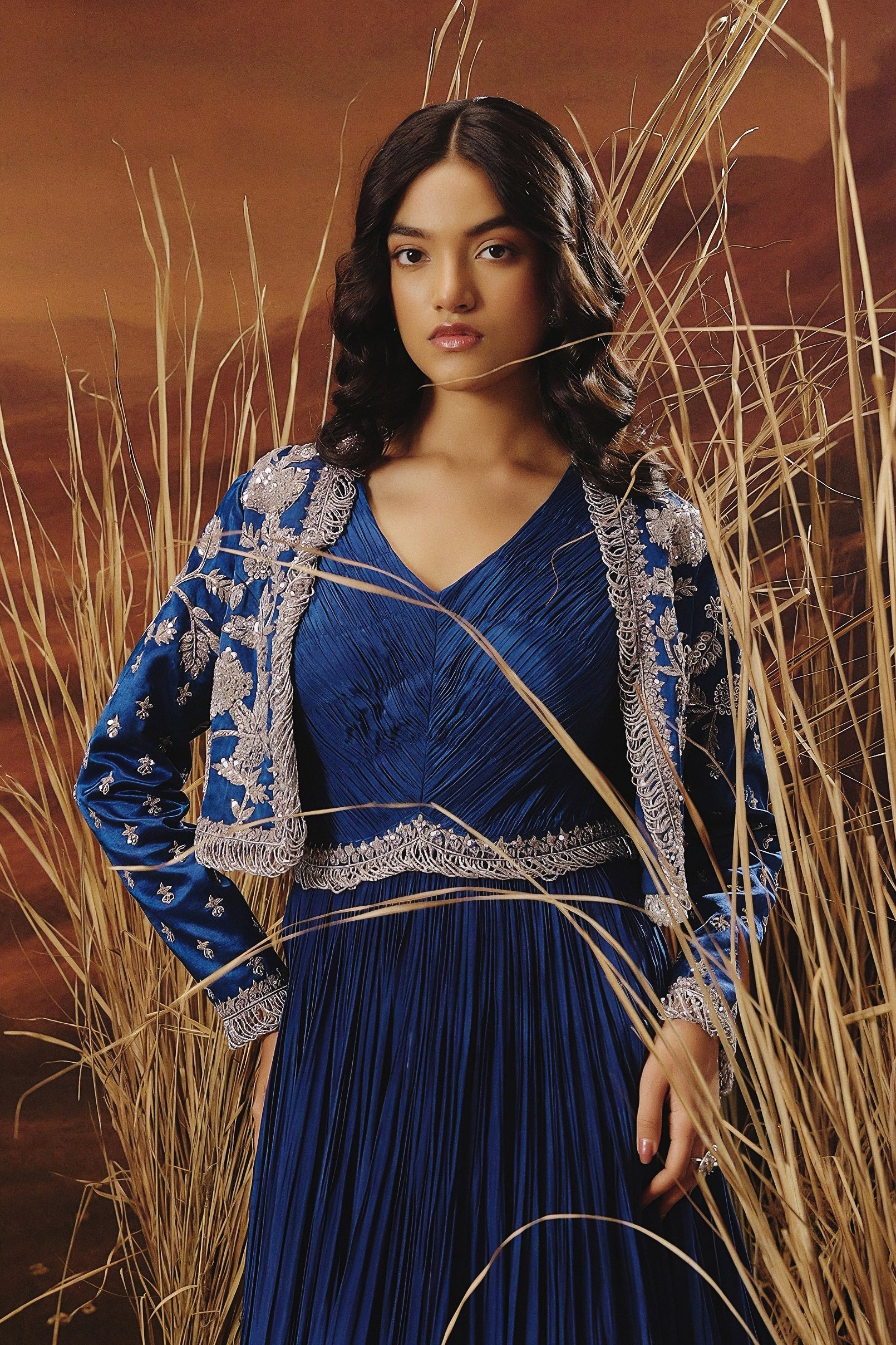 Royal Blue Embellished Premium Jacket Gown Set