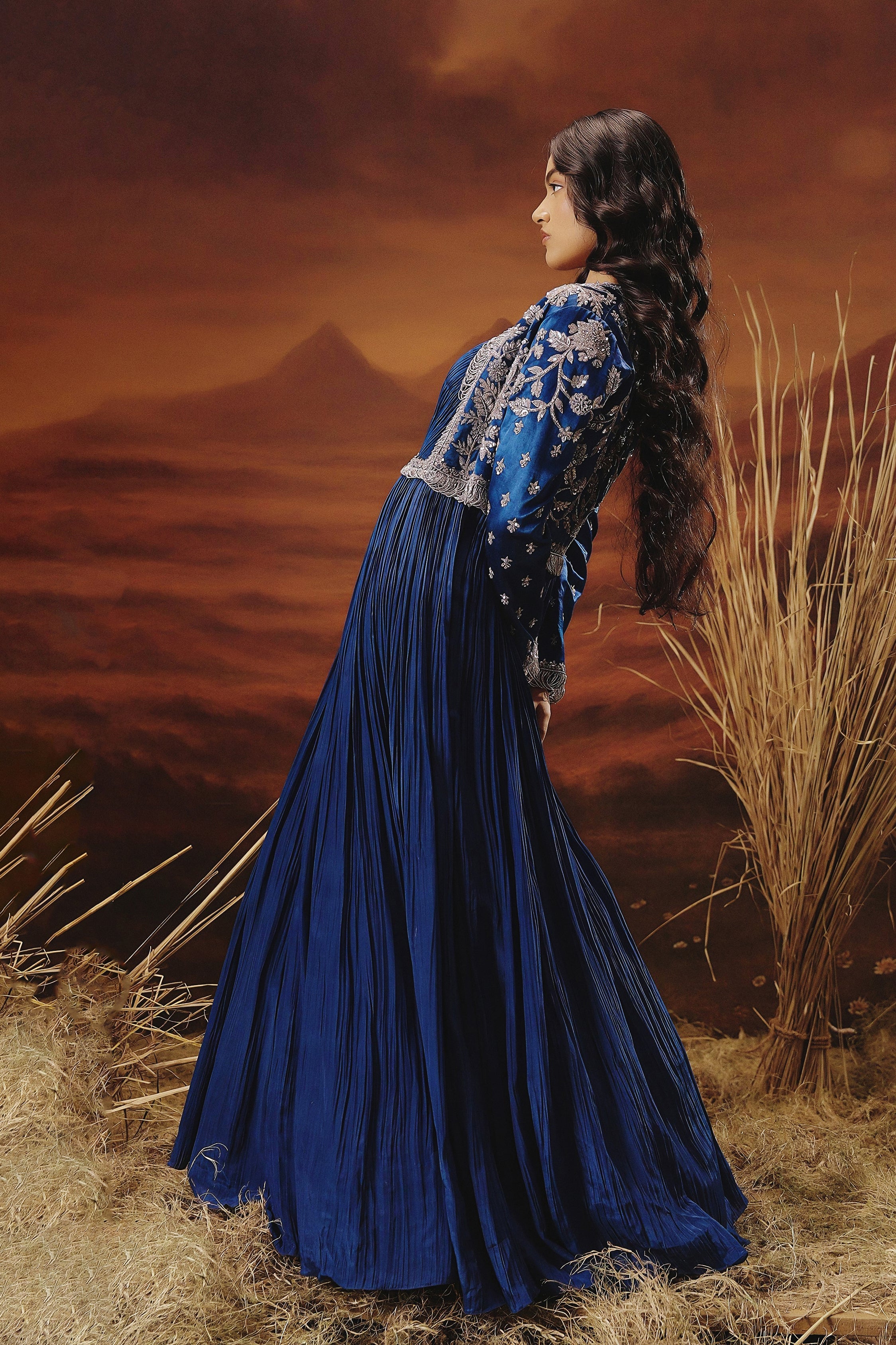 Royal Blue Embellished Premium Jacket Gown Set