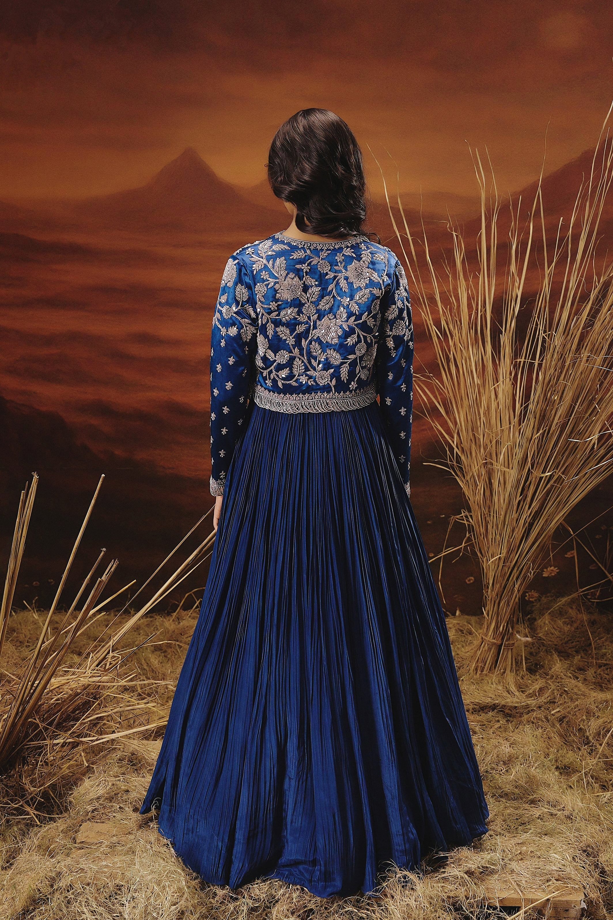 Royal Blue Embellished Premium Jacket Gown Set