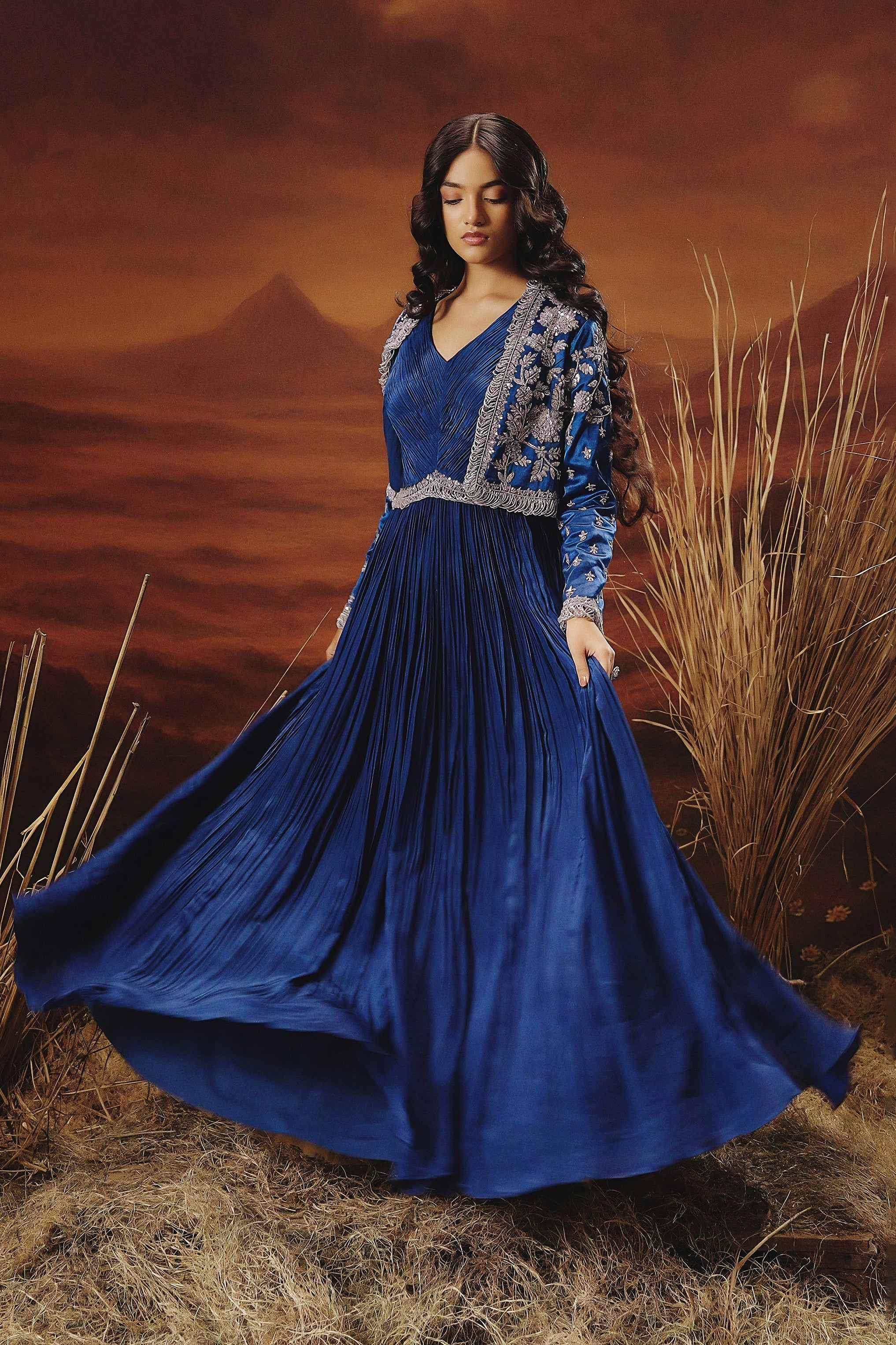 Royal Blue Embellished Premium Jacket Gown Set