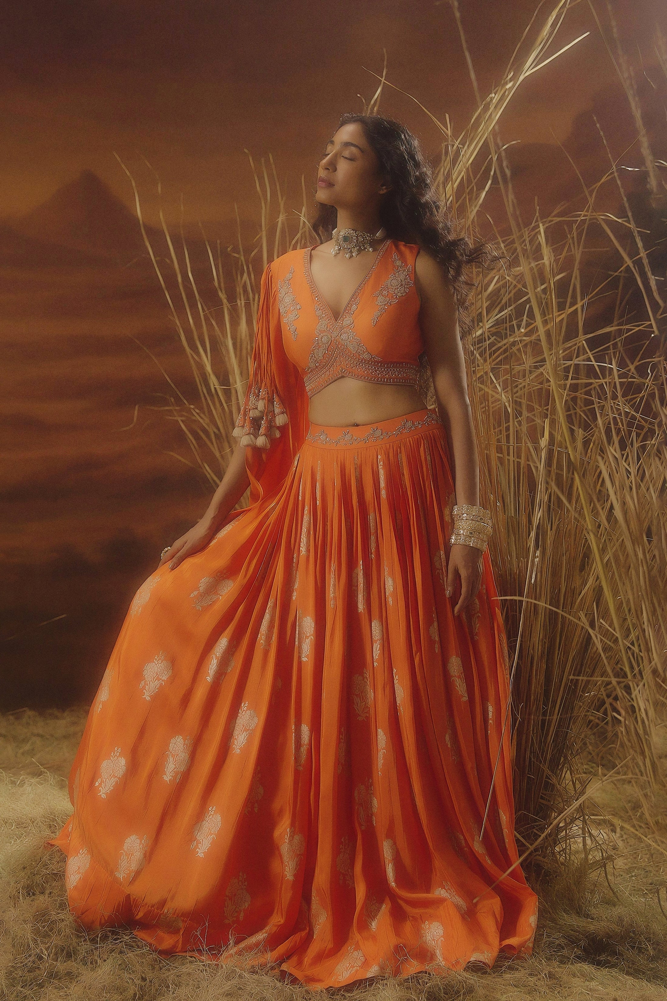 Flame Orange Embellished Chinon Silk Skirt Set