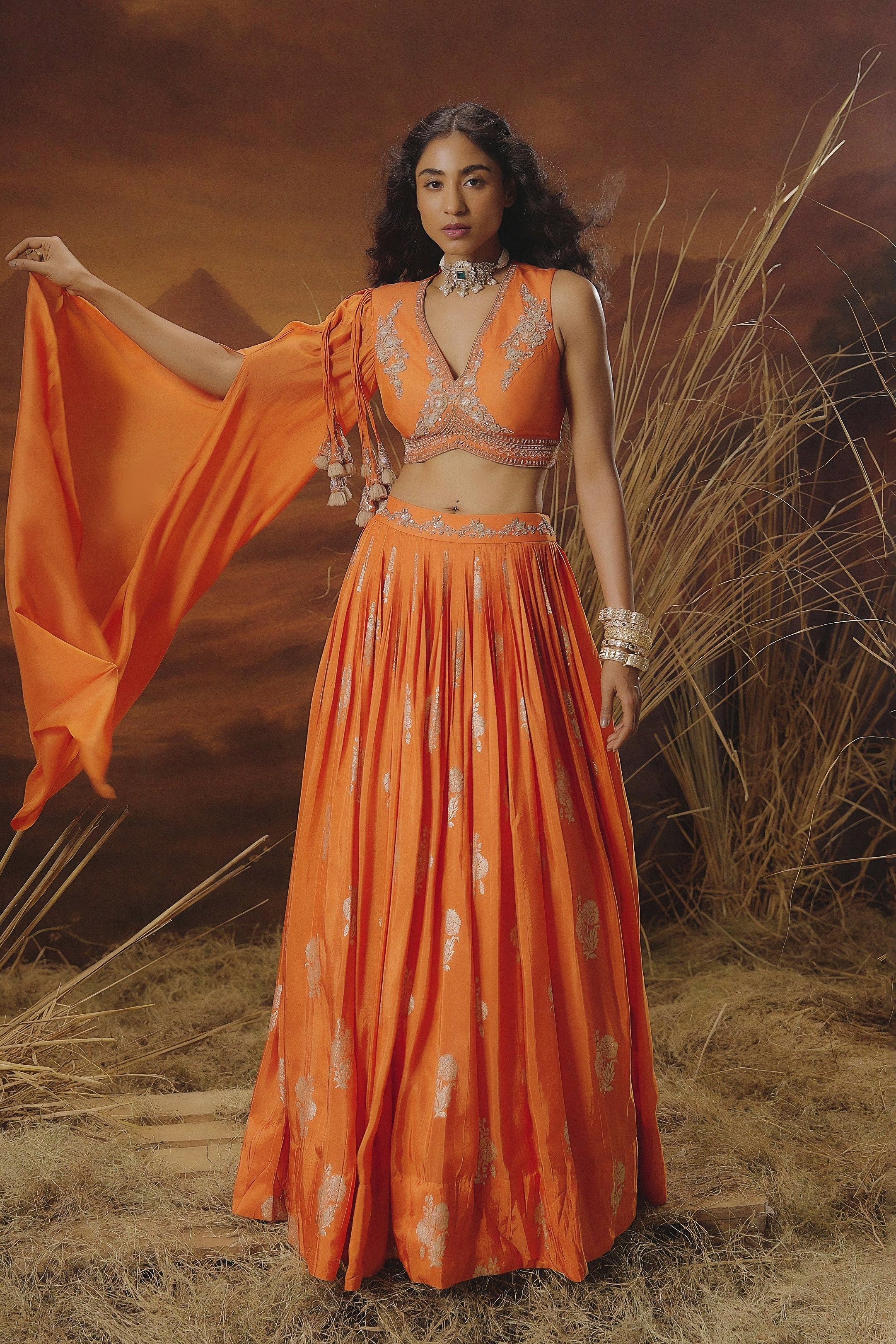 Flame Orange Embellished Chinon Silk Skirt Set
