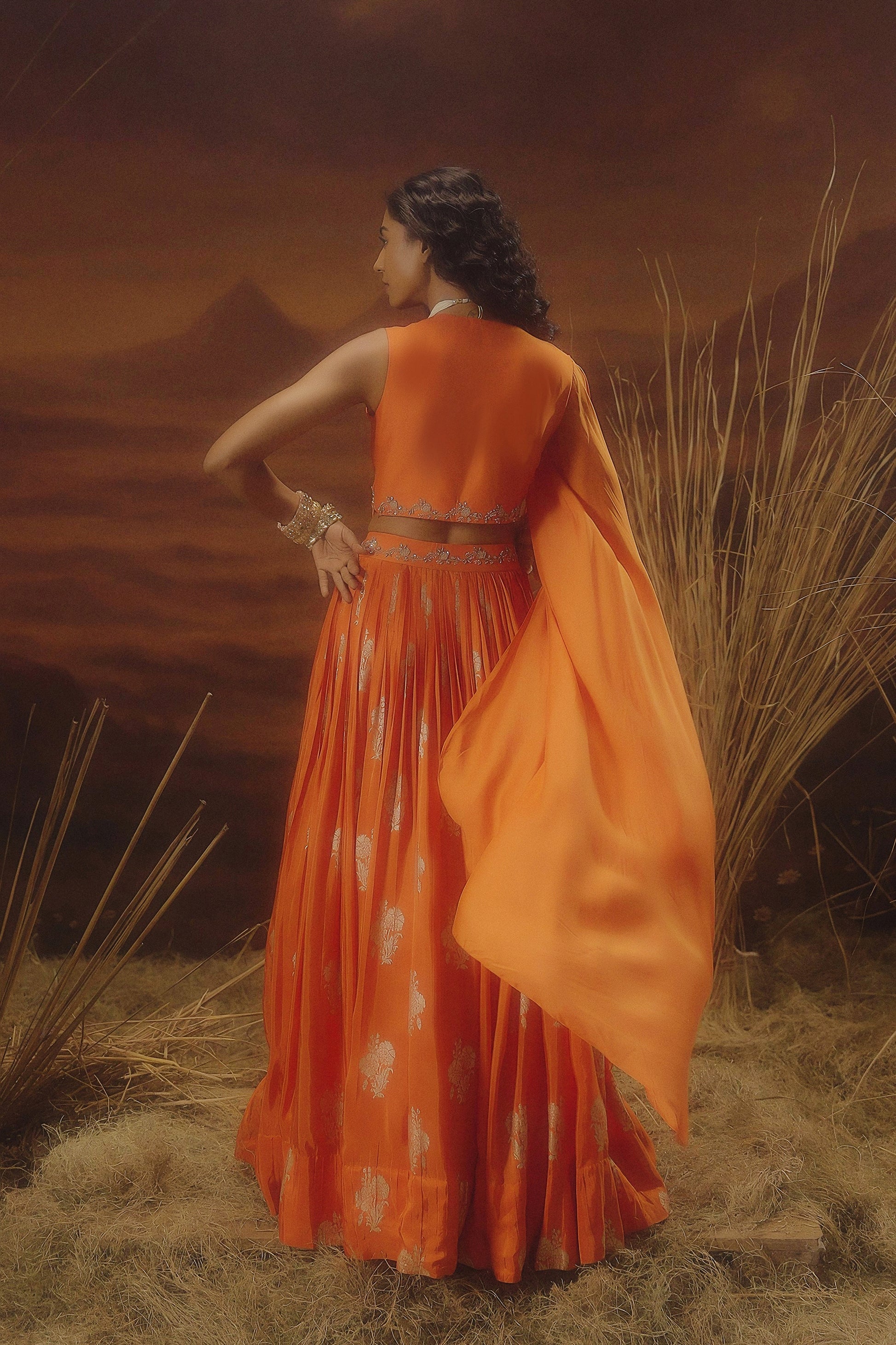 Flame Orange Embellished Chinon Silk Skirt Set