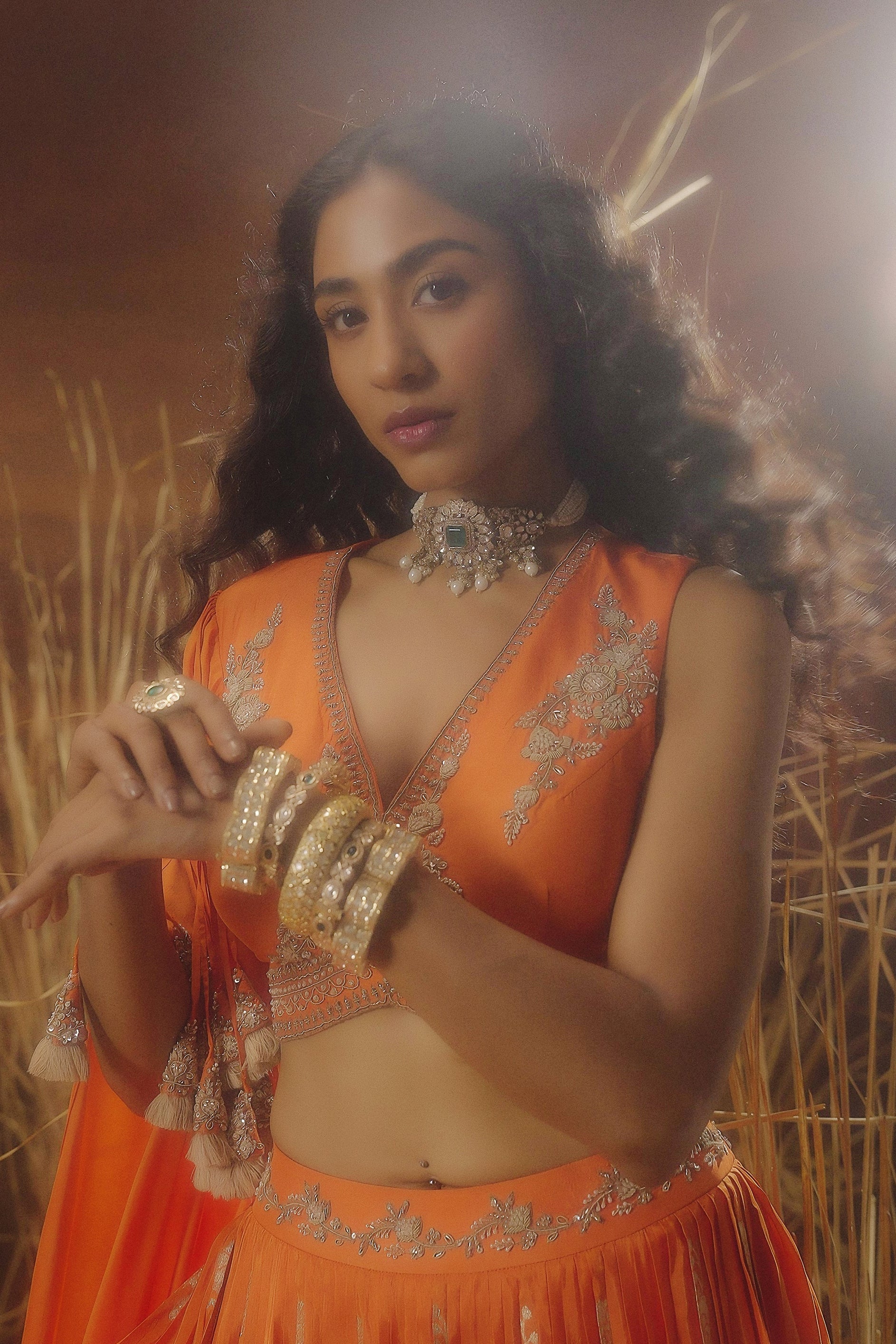 Flame Orange Embellished Chinon Silk Skirt Set