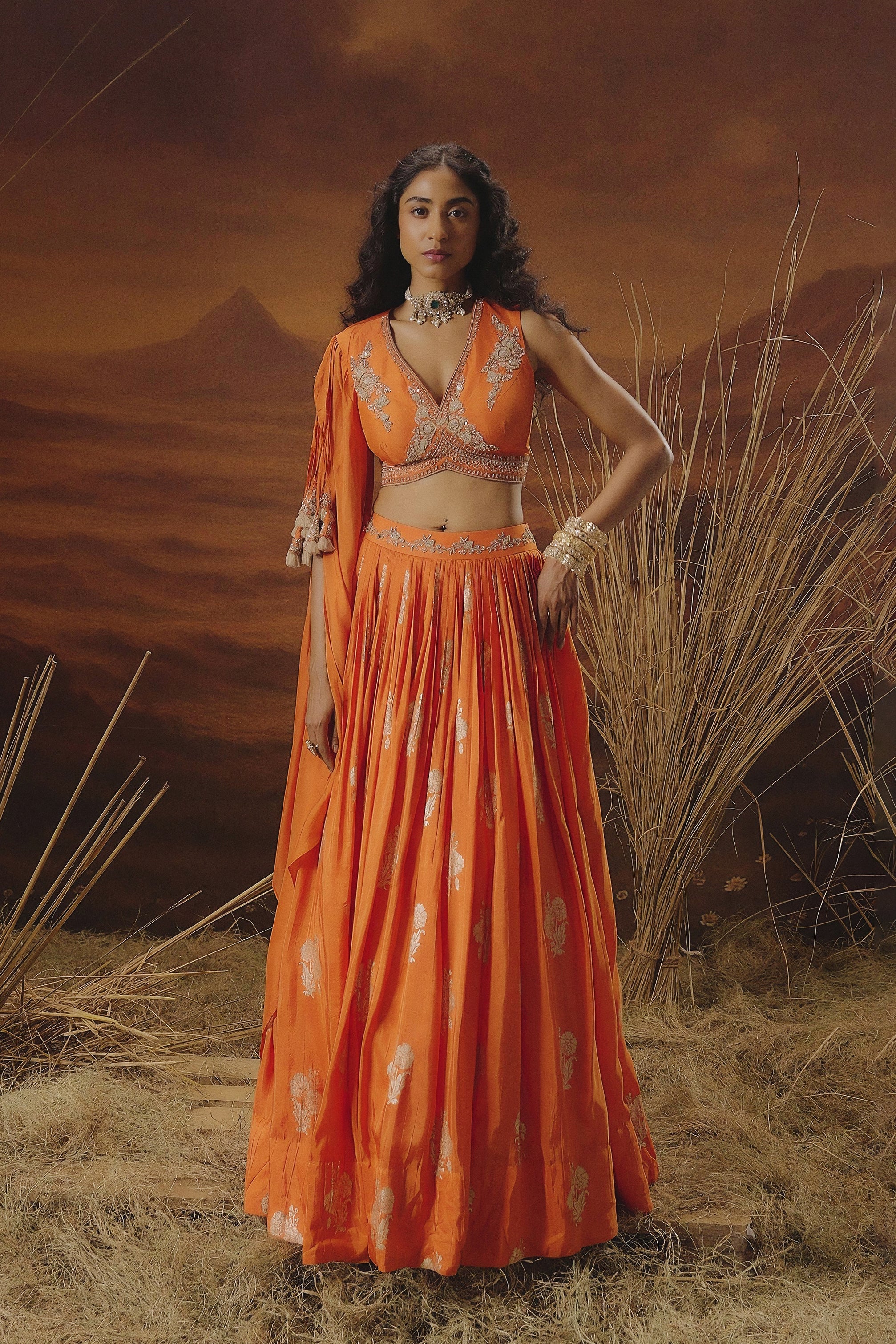 Flame Orange Embellished Chinon Silk Skirt Set