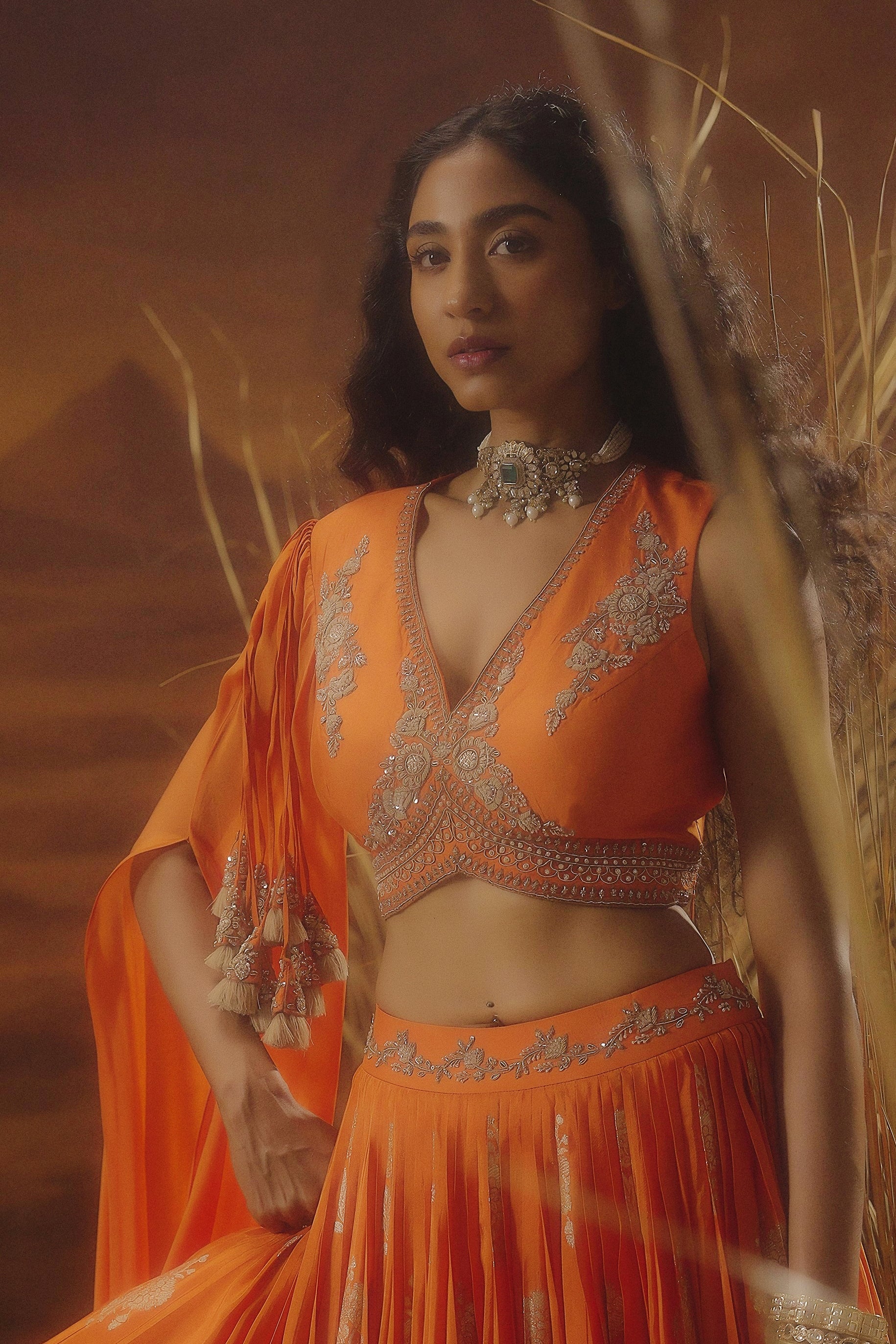 Flame Orange Embellished Chinon Silk Skirt Set