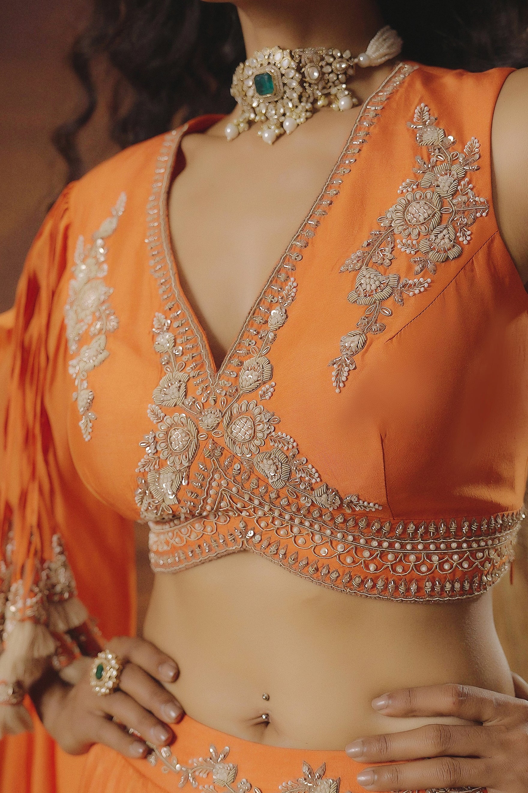 Flame Orange Embellished Chinon Silk Skirt Set