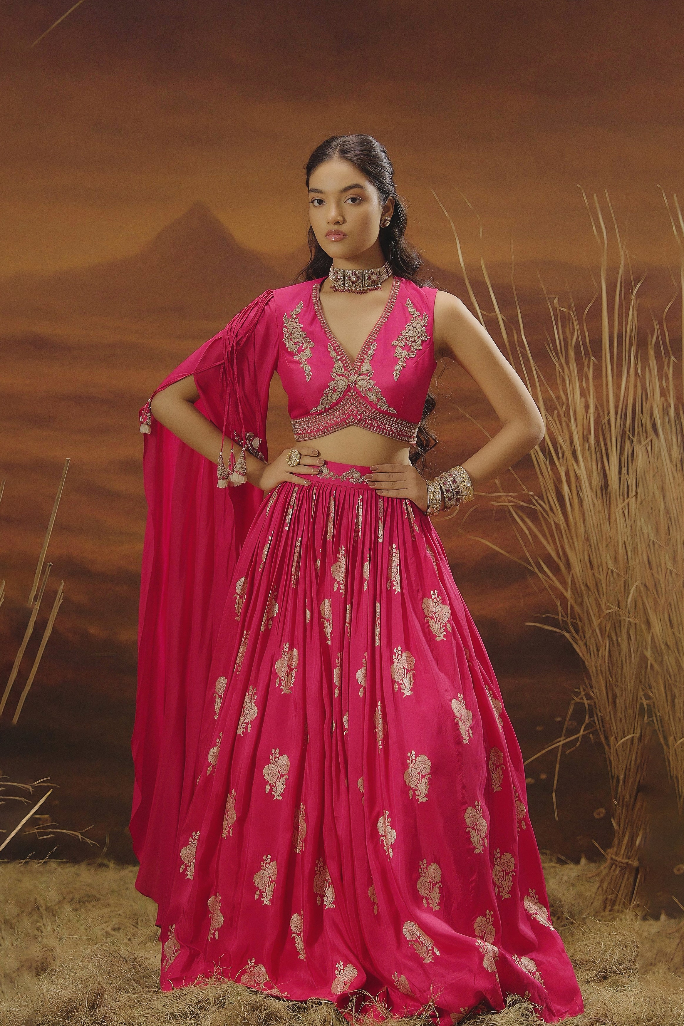 Hot Pink Embellished Chinon Silk Skirt Set