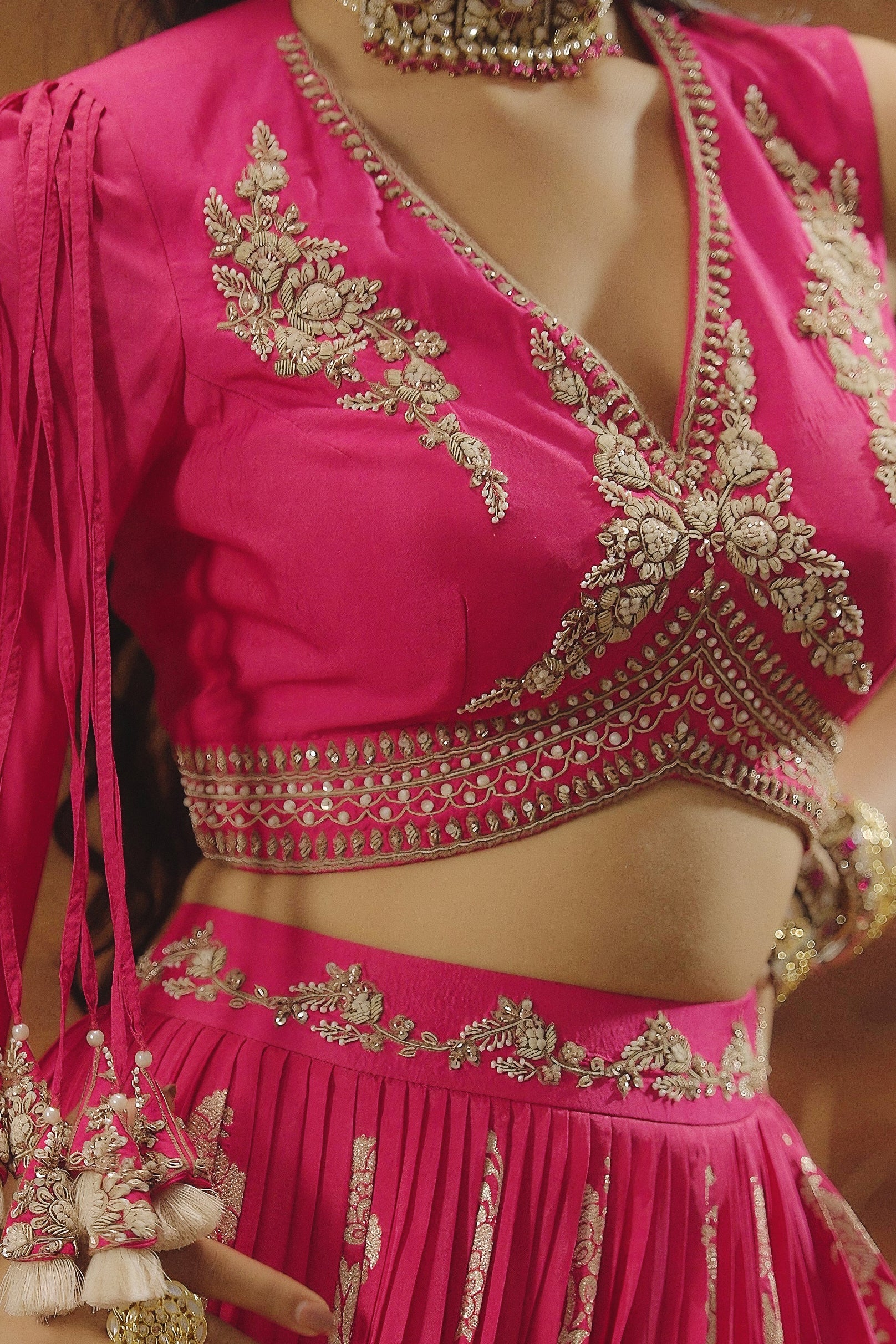 Hot Pink Embellished Chinon Silk Skirt Set