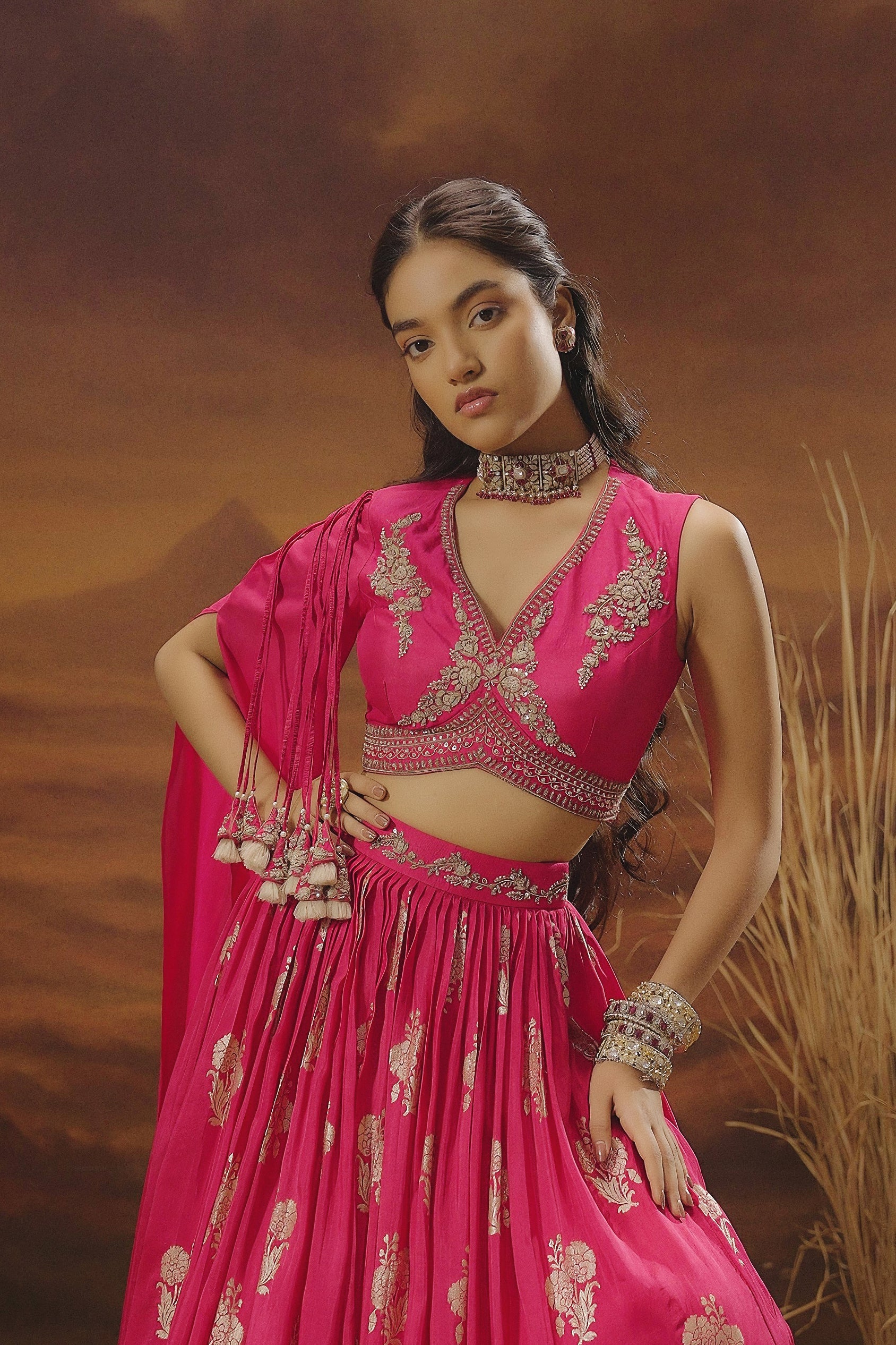 Hot Pink Embellished Chinon Silk Skirt Set