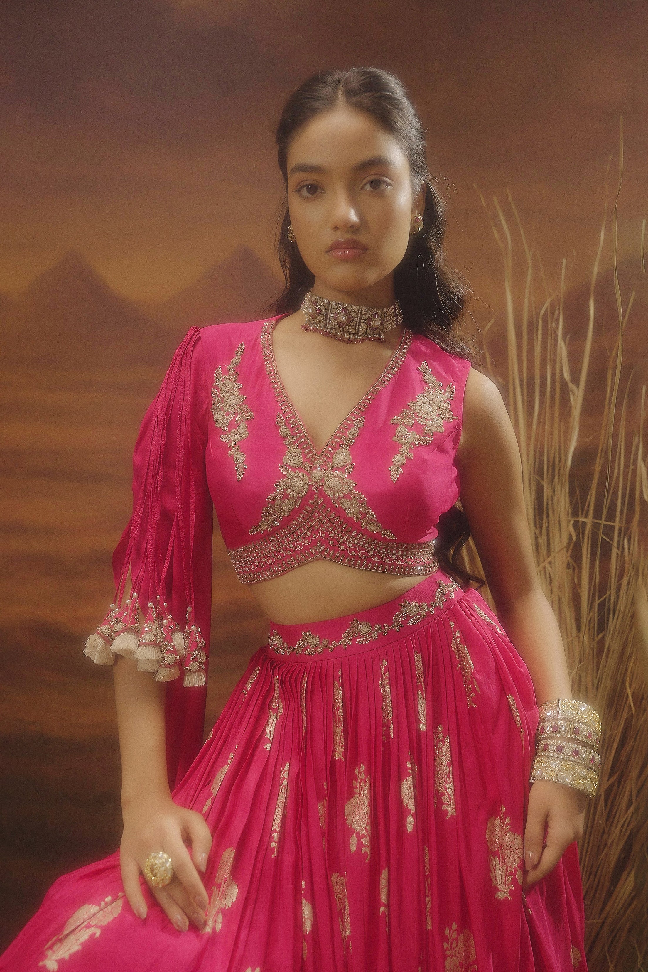 Hot Pink Embellished Chinon Silk Skirt Set