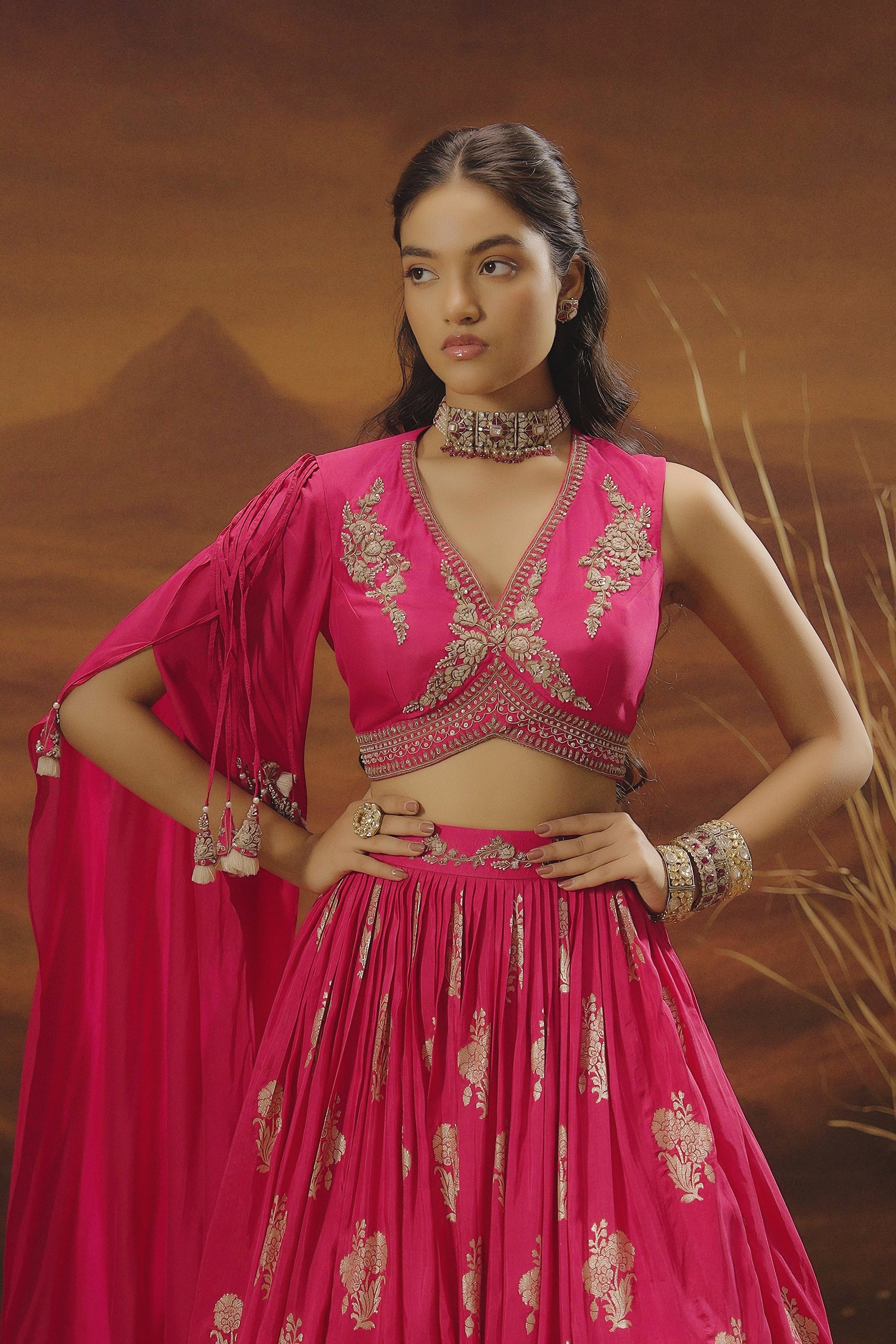 Hot Pink Embellished Chinon Silk Skirt Set
