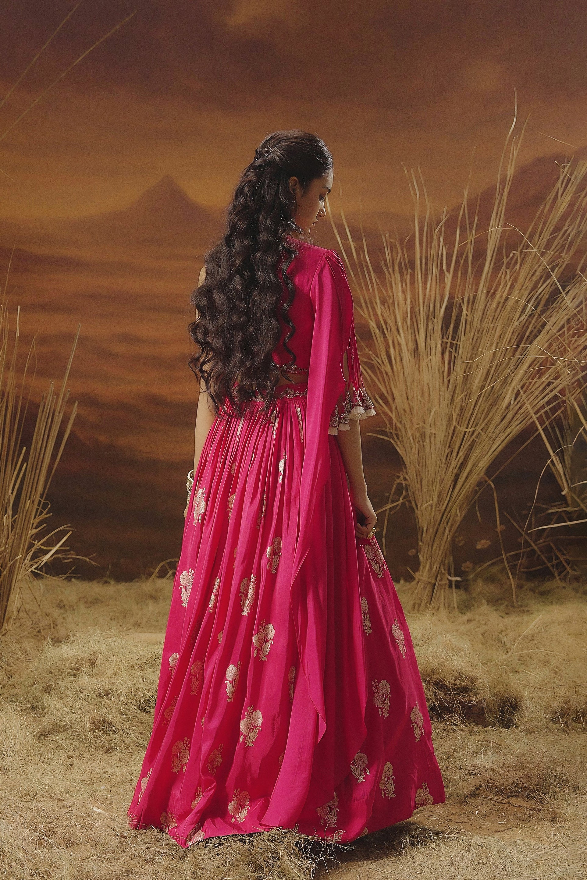 Hot Pink Embellished Chinon Silk Skirt Set