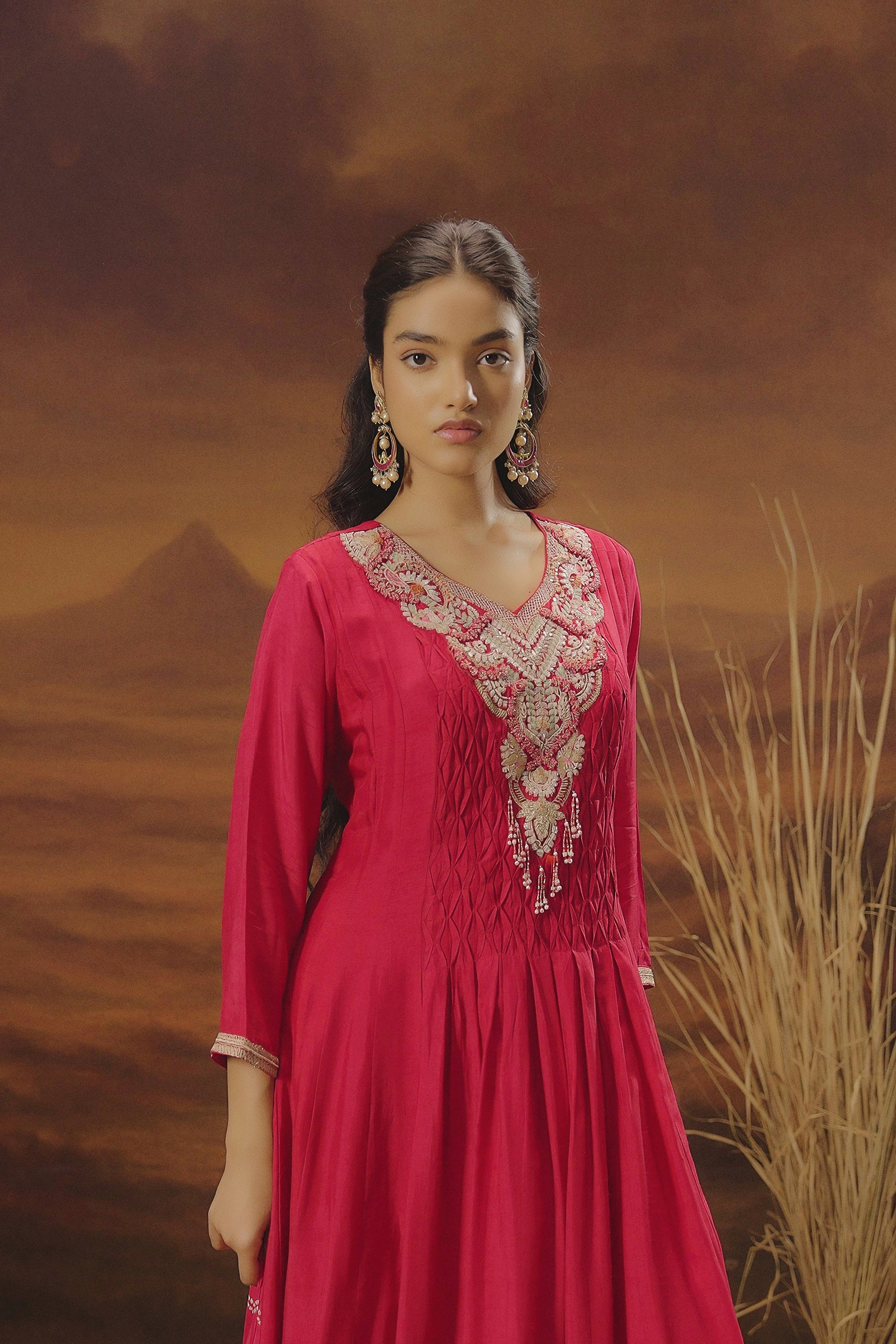 Queen Pink Embellished Raw Silk Anarkali Set