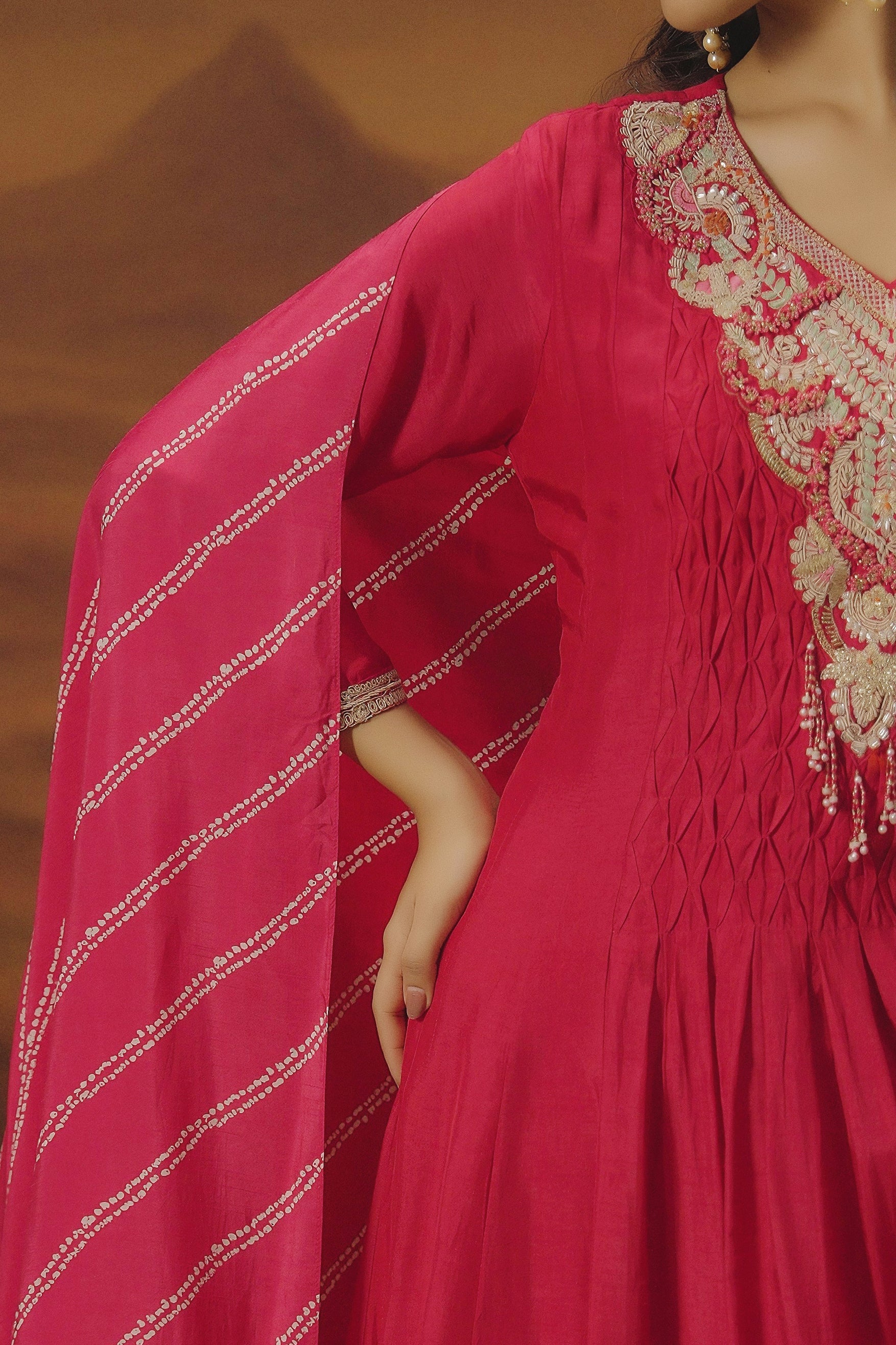 Queen Pink Embellished Raw Silk Anarkali Set