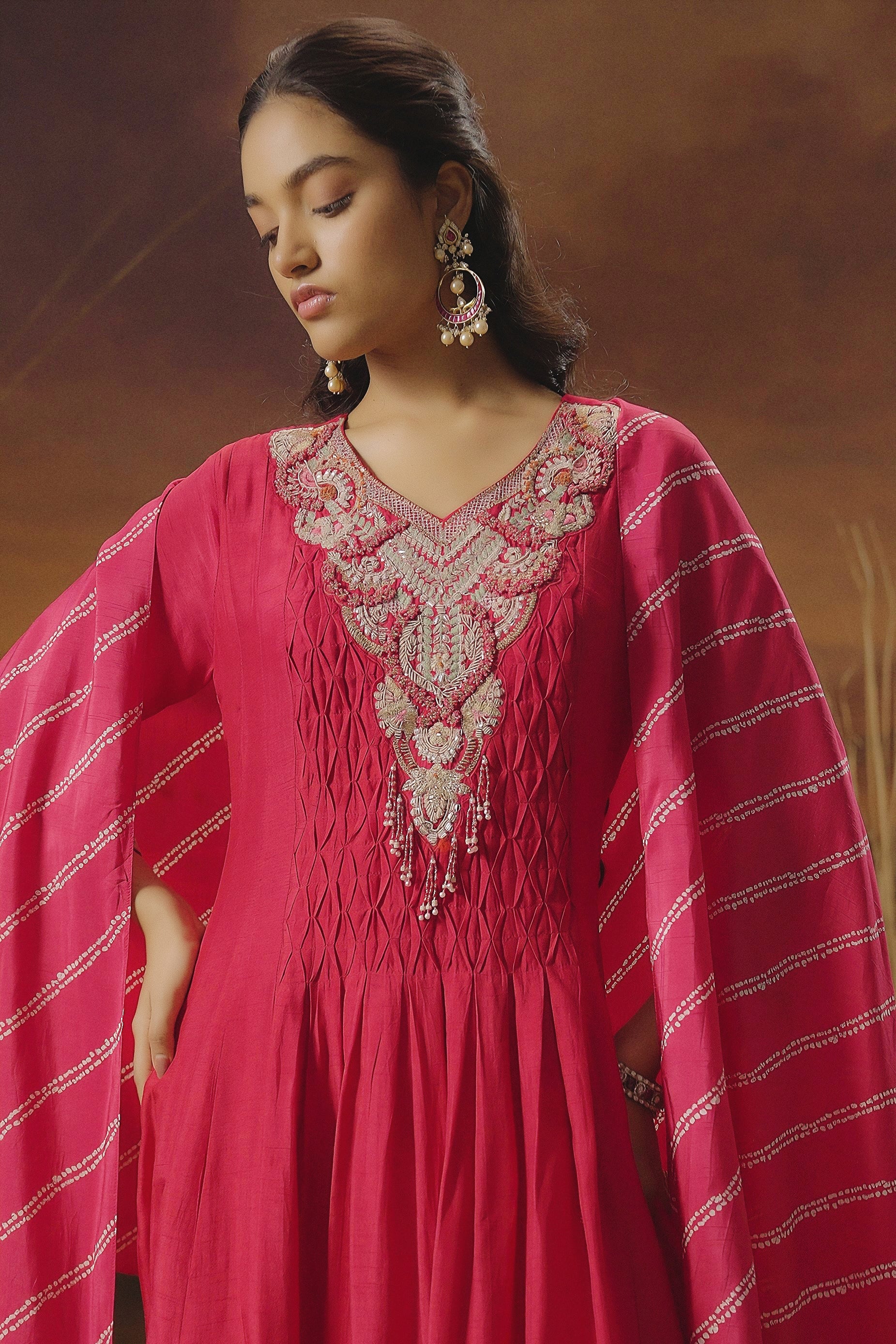 Queen Pink Embellished Raw Silk Anarkali Set