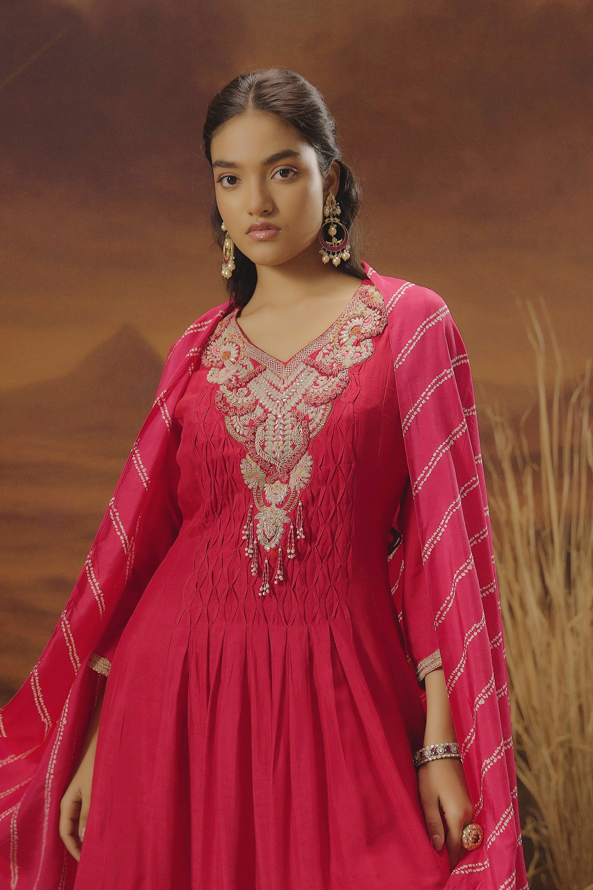 Queen Pink Embellished Raw Silk Anarkali Set