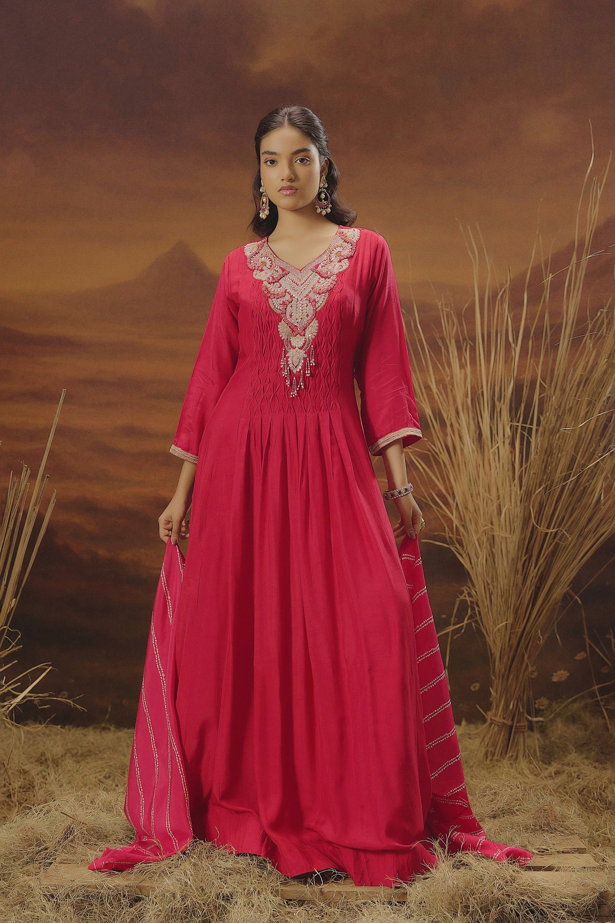 Queen Pink Embellished Raw Silk Anarkali Set
