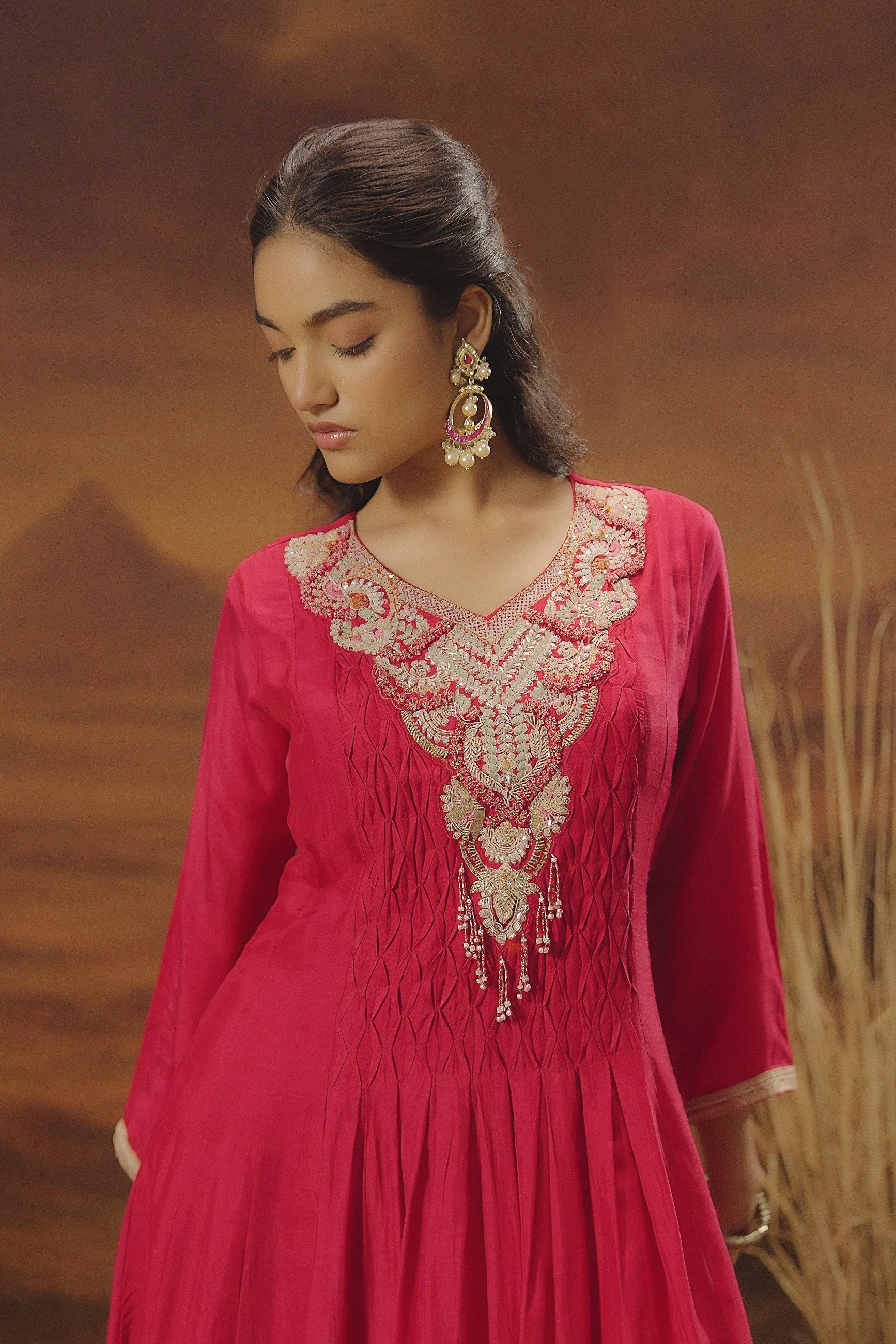Queen Pink Embellished Raw Silk Anarkali Set