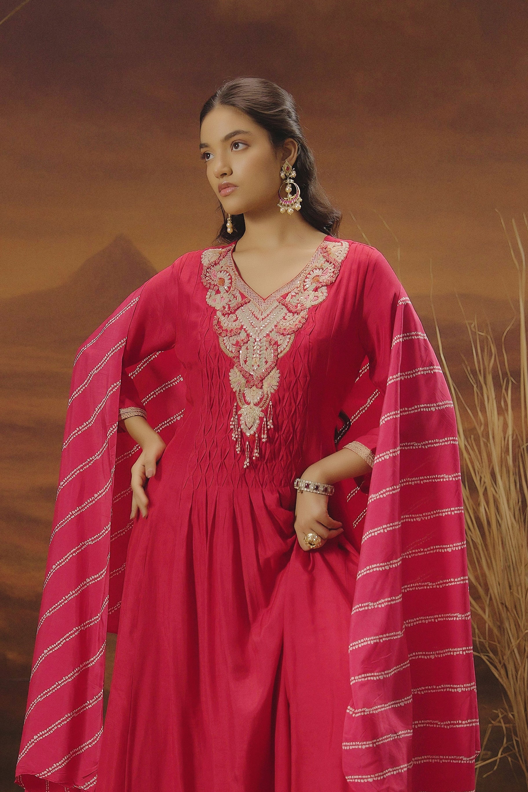 Queen Pink Embellished Raw Silk Anarkali Set