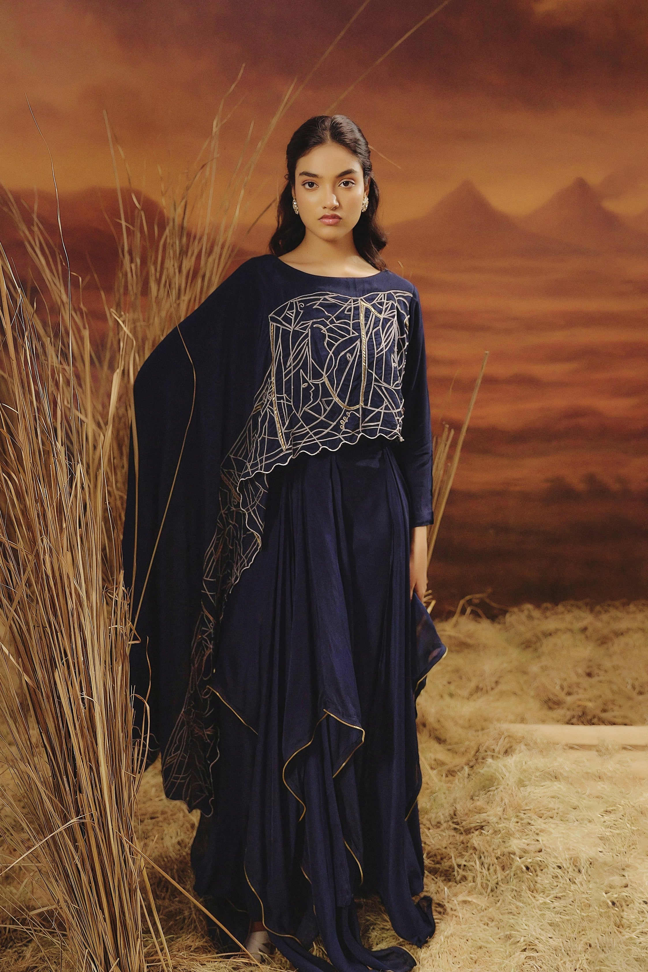 Marine Blue Embellished Georgette Silk Skirt Set