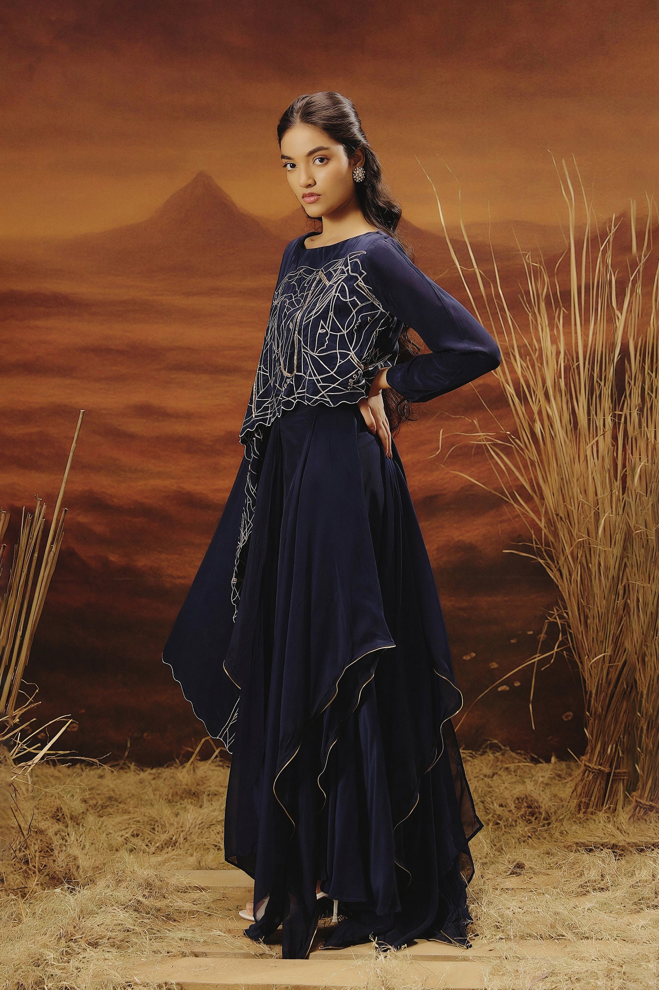 Marine Blue Embellished Georgette Silk Skirt Set