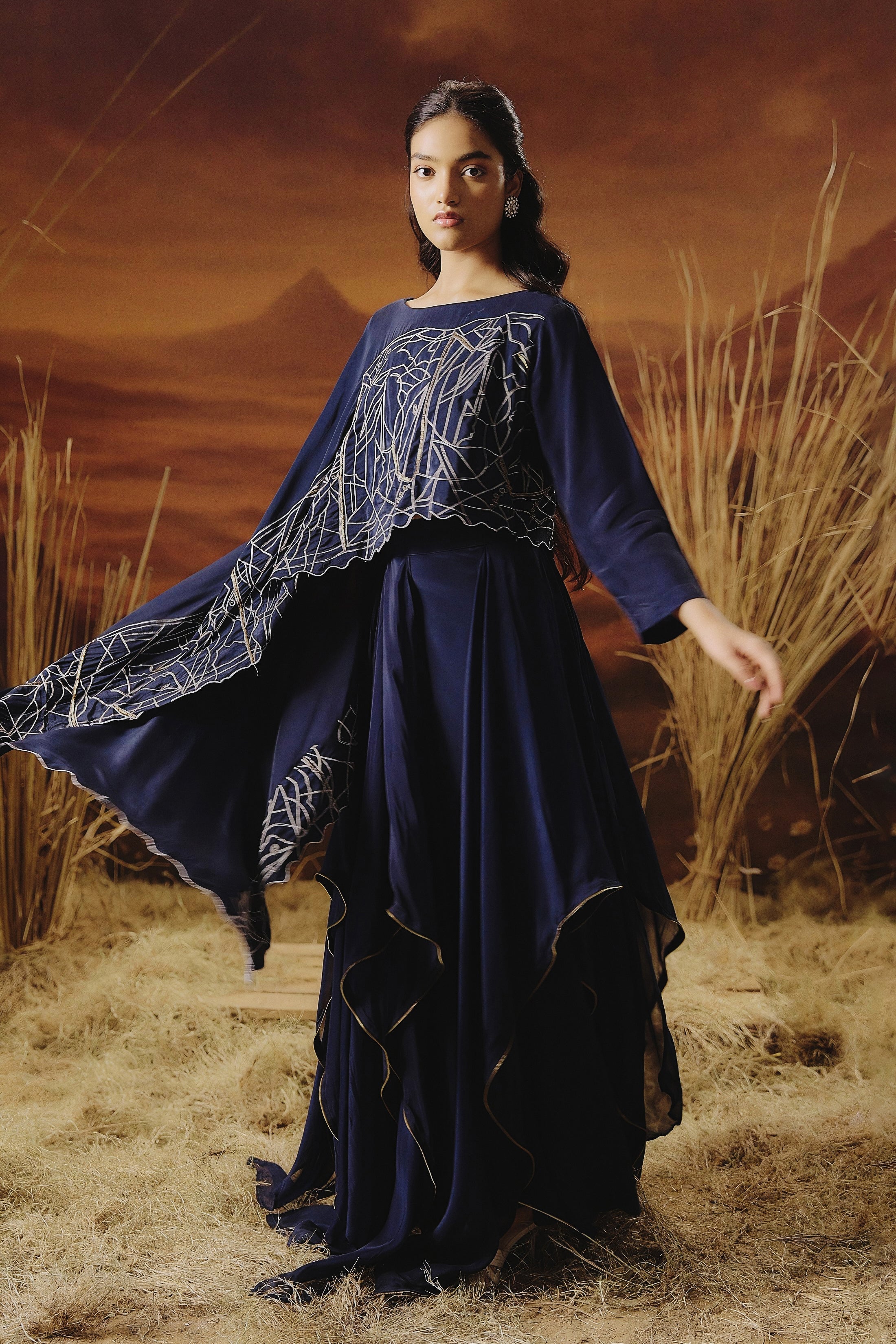 Marine Blue Embellished Georgette Silk Skirt Set