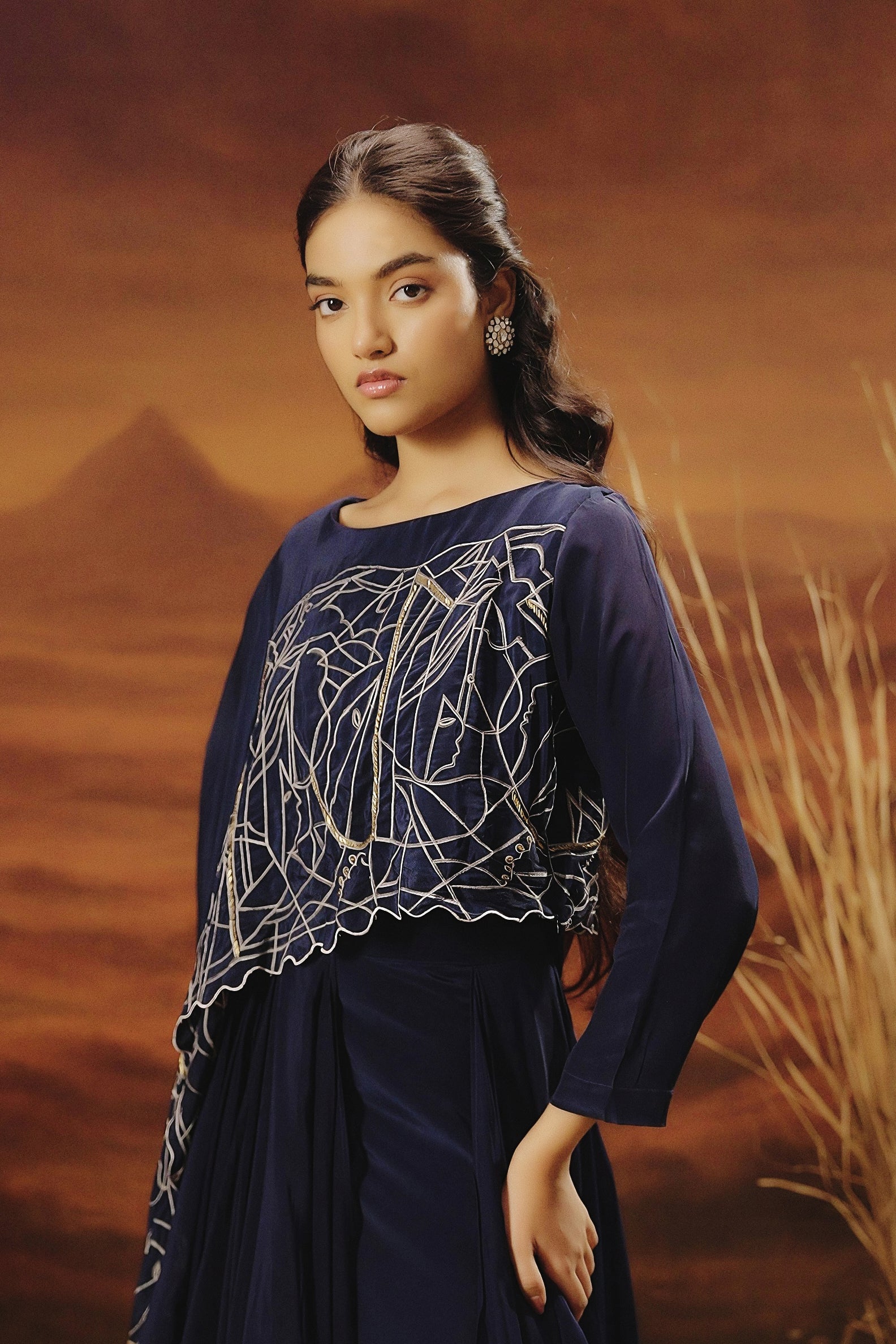 Marine Blue Embellished Georgette Silk Skirt Set