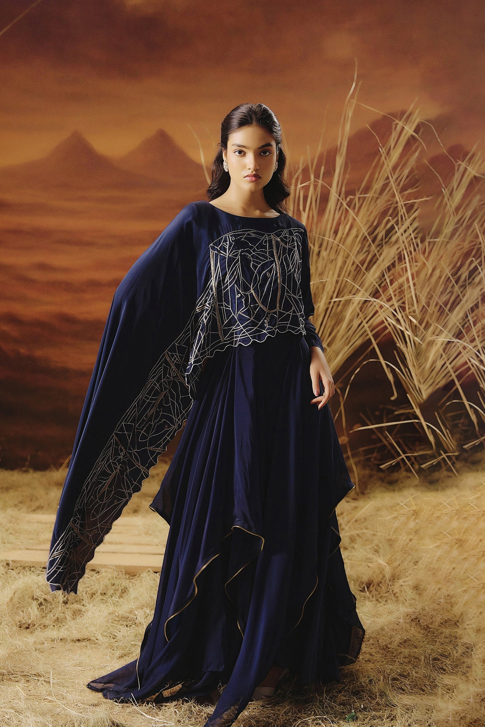 Marine Blue Embellished Georgette Silk Skirt Set